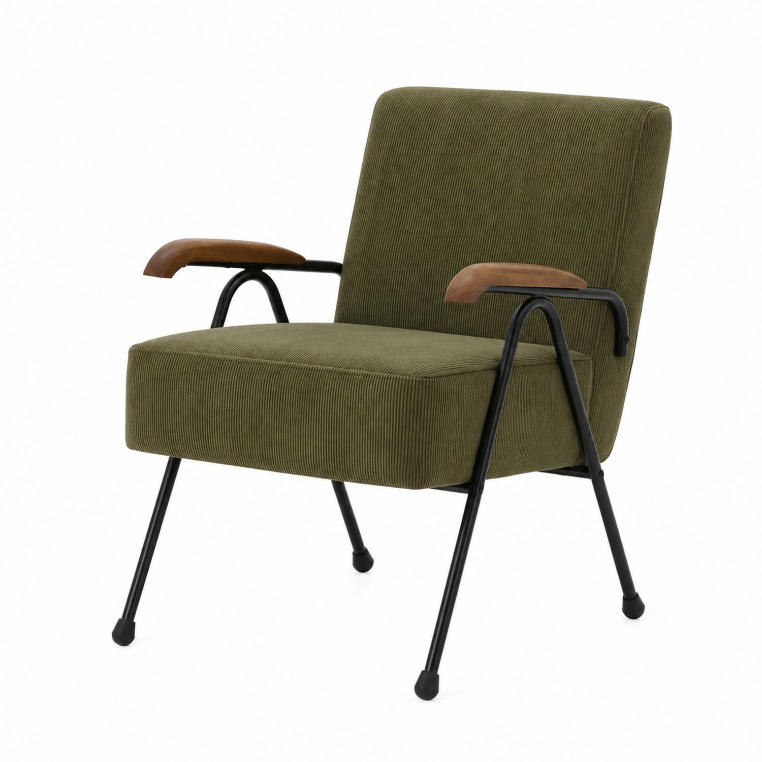 Chaise en velours côtelé vert avec accoudoirs en bois