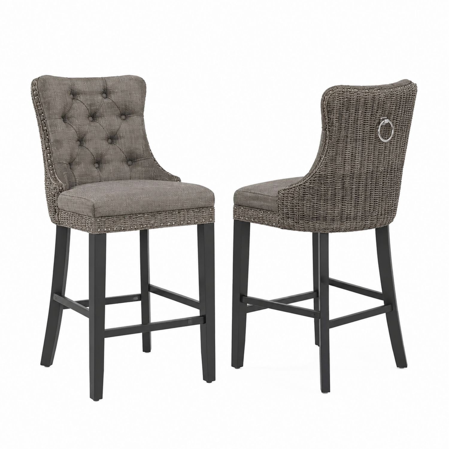 Tabourets de bar en rotin et tissu gris avec cadre en bois, hauteur 112 cm, lot de 2