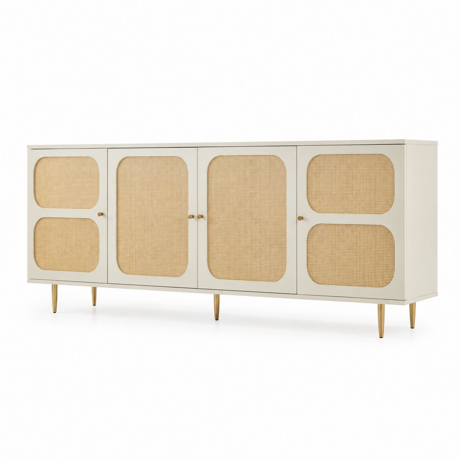 Buffet rectangulaire 4 portes en bois et rotin beige