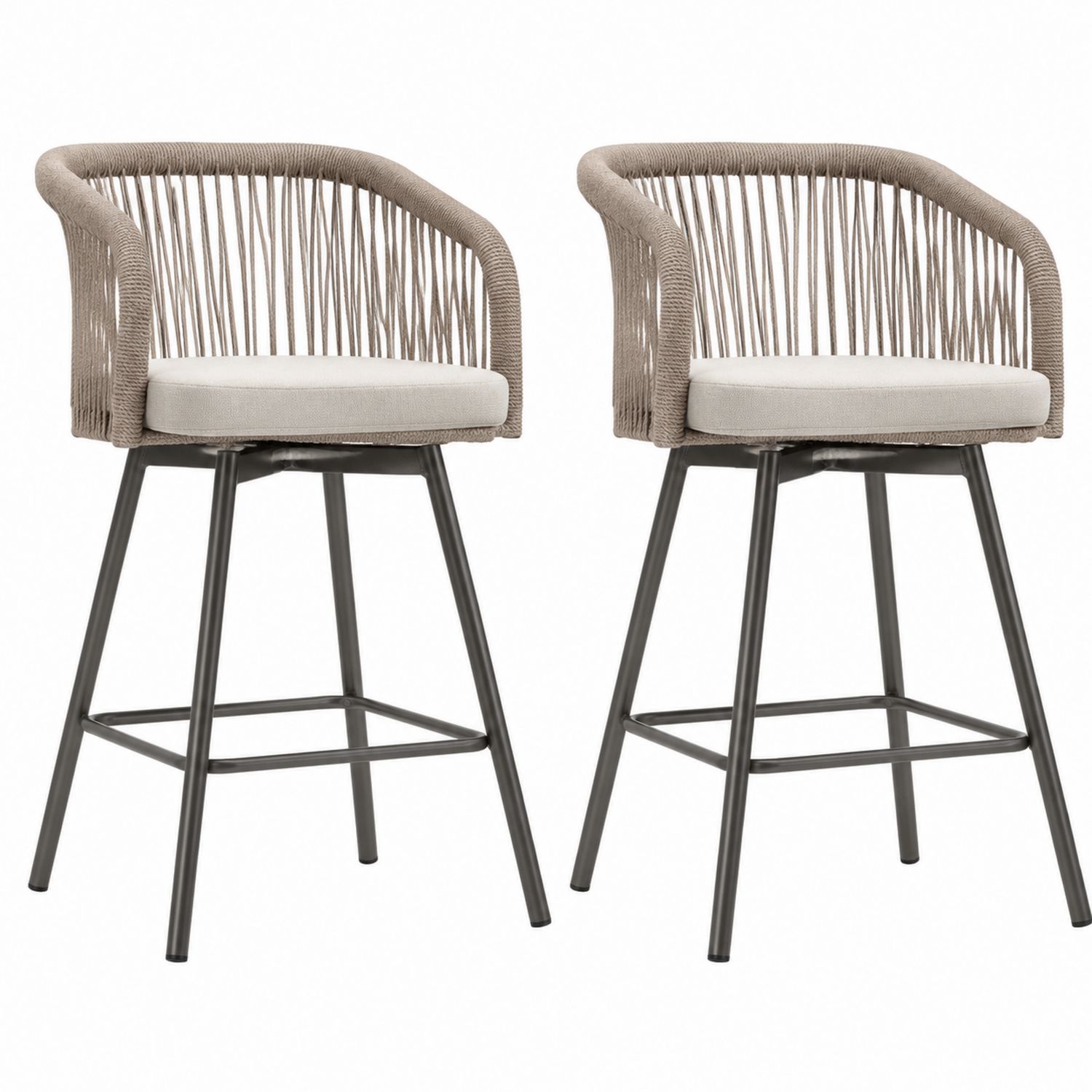 Tabourets de bar ensemble de 2 pièces corde polyester beige acier gris