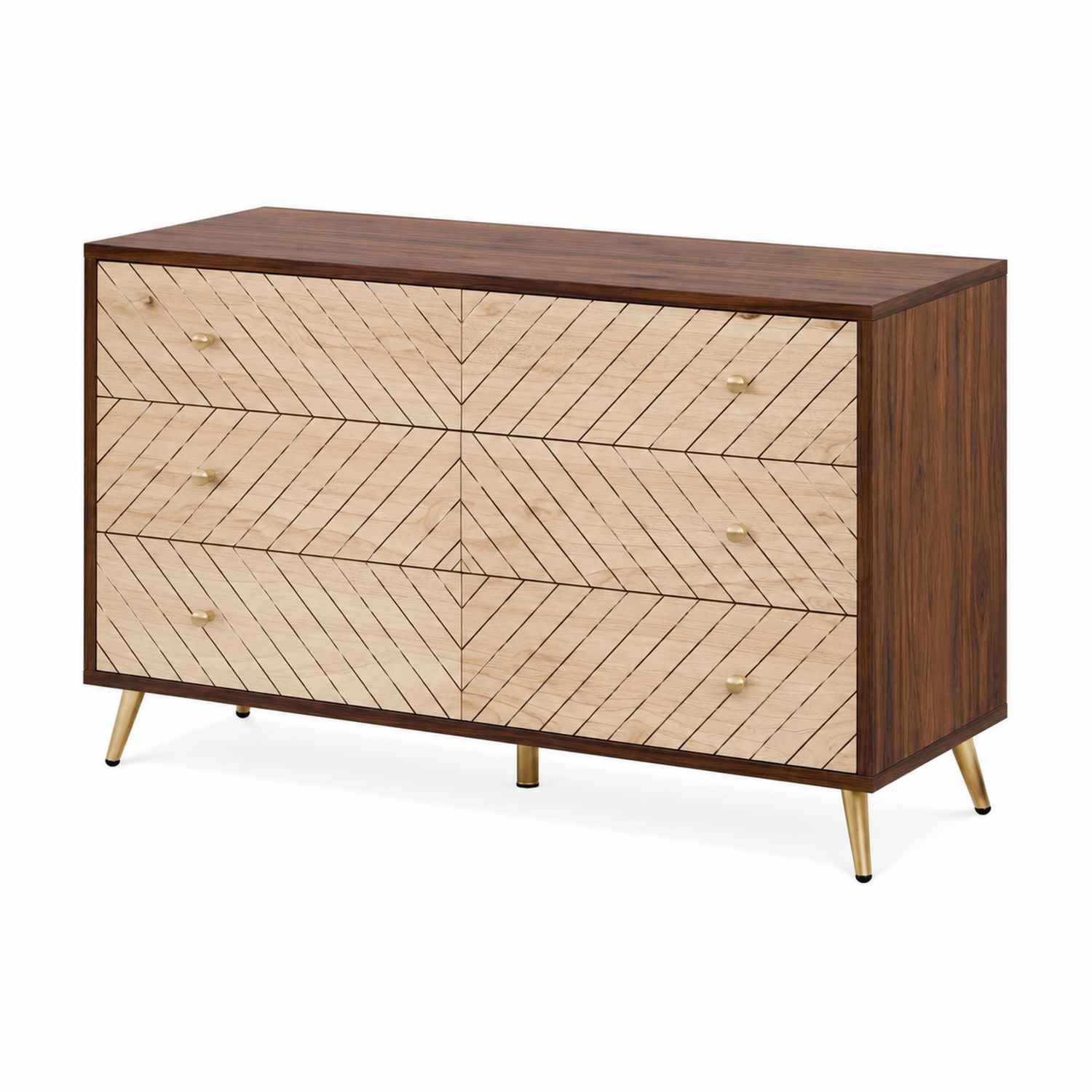 Commode en Bois de Noyer et Métal avec 6 Tiroirs, 120 cm x 45 cm x 80 cm