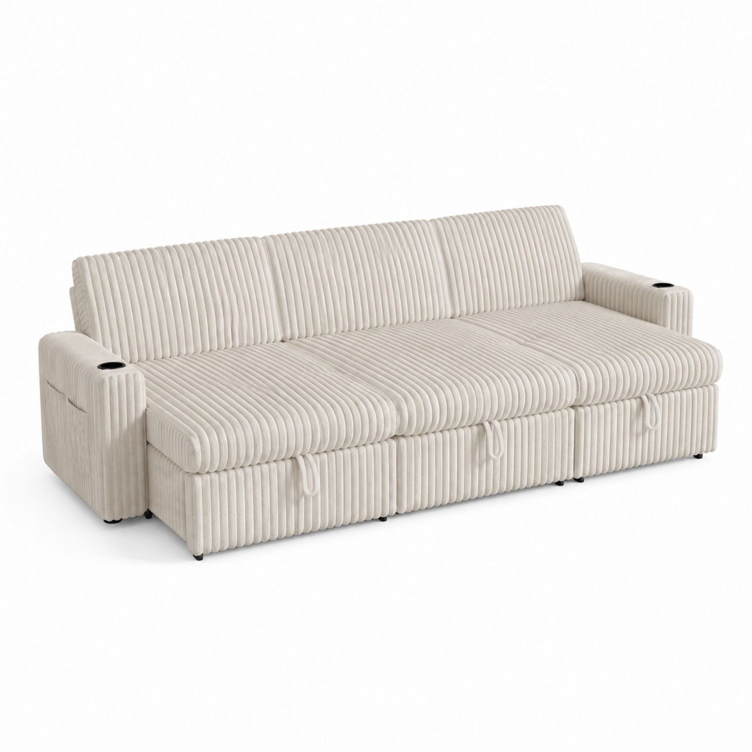 Canapé convertible 3 places en velours beige avec accoudoirs et porte-gobelets, 220 cm