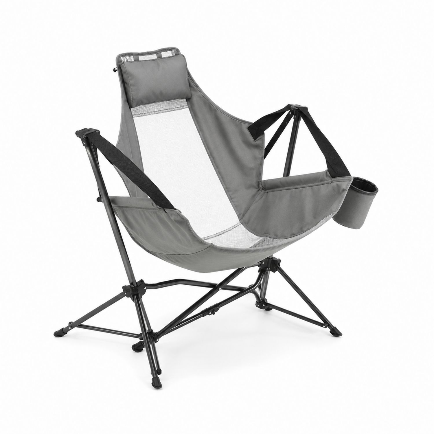 Chaise Pliante Extérieur en Acier et Tissu Mesh Gris avec Porte-gobelet