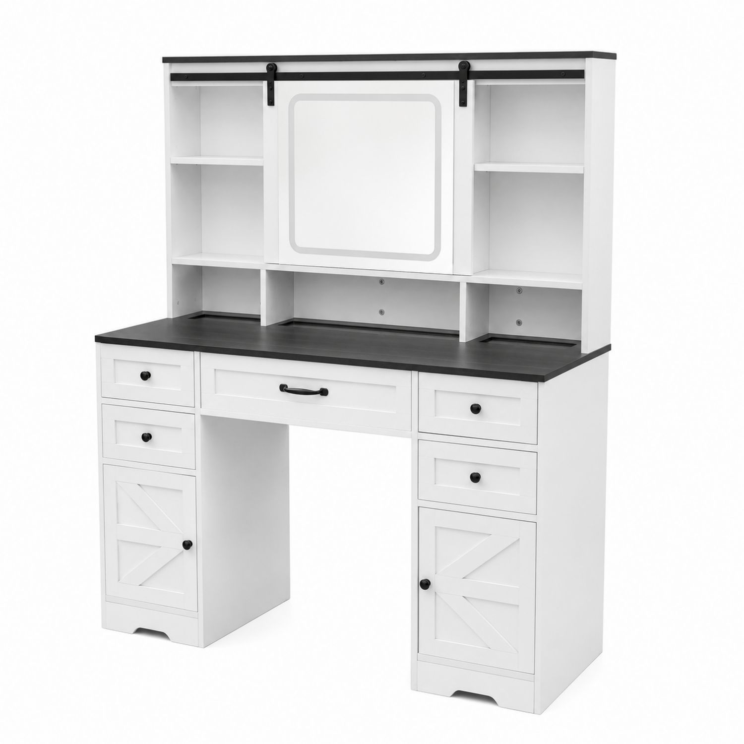 Coiffeuse Bois avec Miroir Coulissant et 9 Tiroirs MDF Blanc/Noir 120x50x135 cm