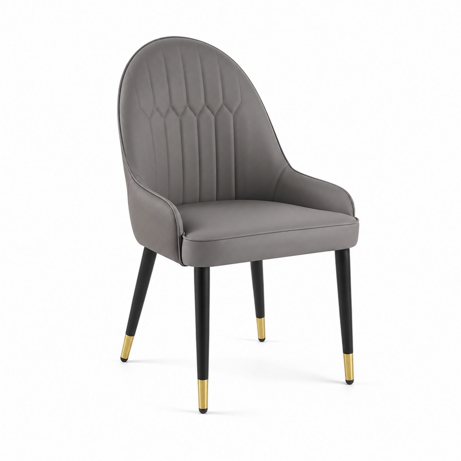 Chaise en similicuir gris avec pieds en métal noir et embouts dorés
