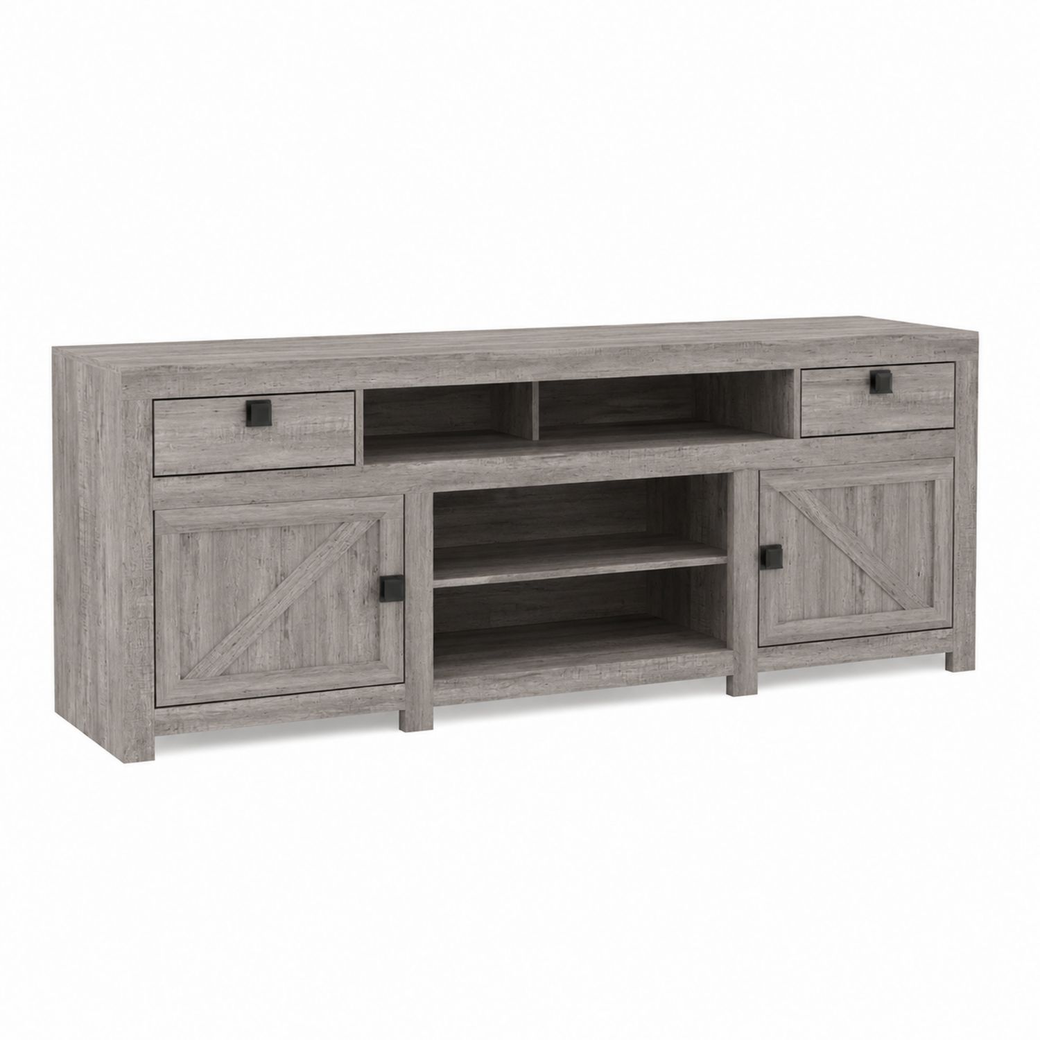 Meuble TV en bois MDF gris avec étagères et portes battantes 160x40x55 cm