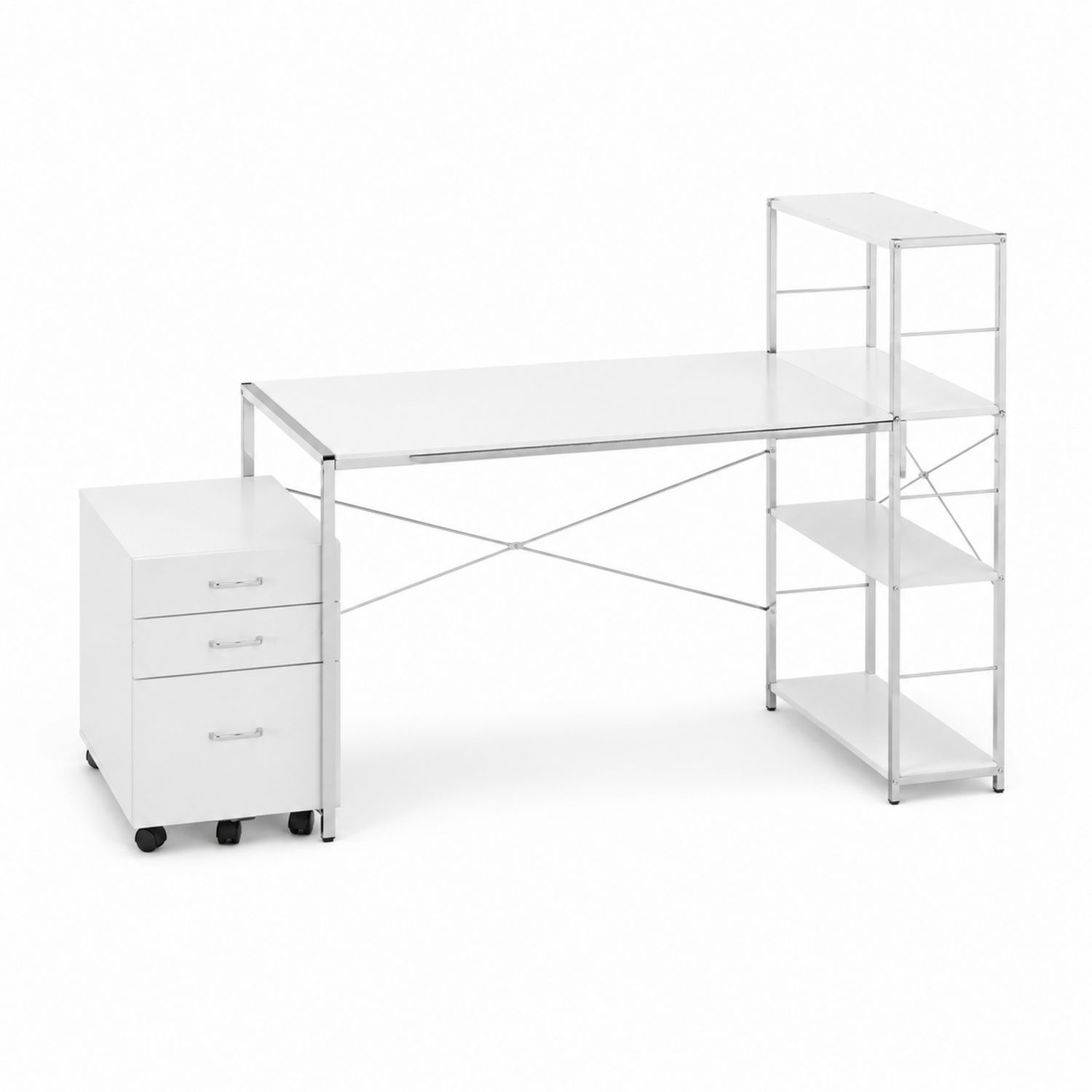 Bureau d'angle en métal avec étagères et caisson à roulettes - Blanc