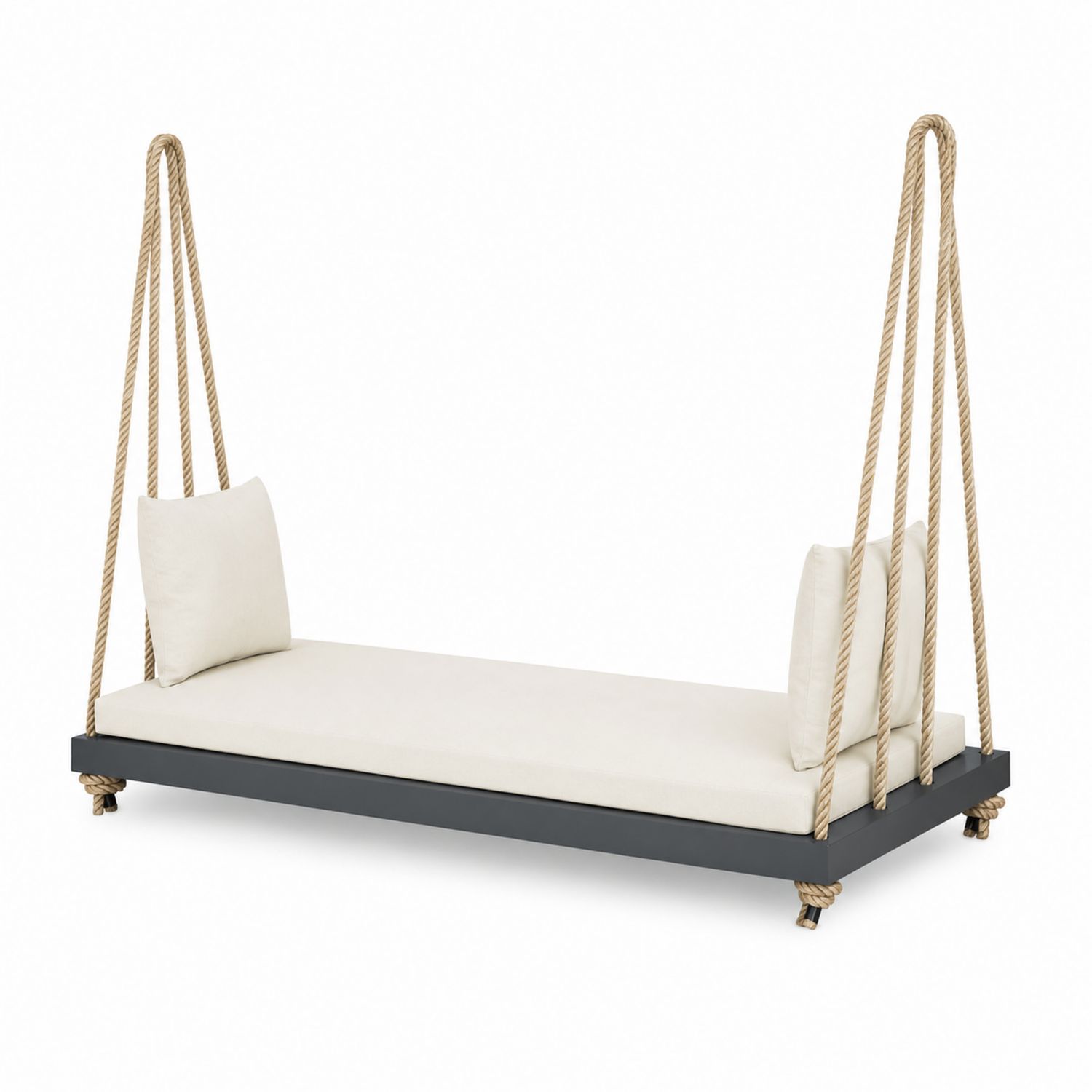 Lit suspendu en bois et corde avec coussins crème
