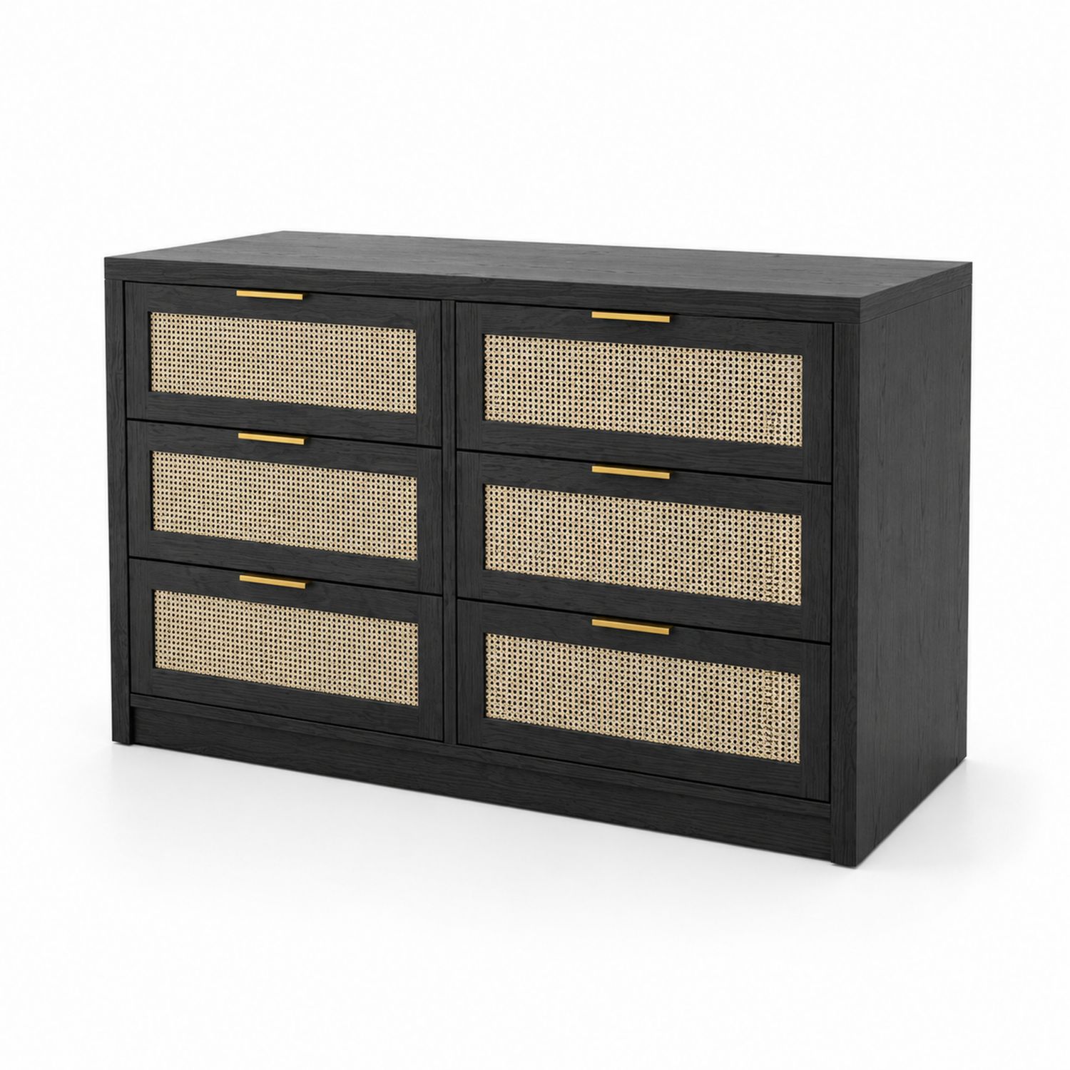 Commode en Bois Noir et Rotin avec 6 Tiroirs