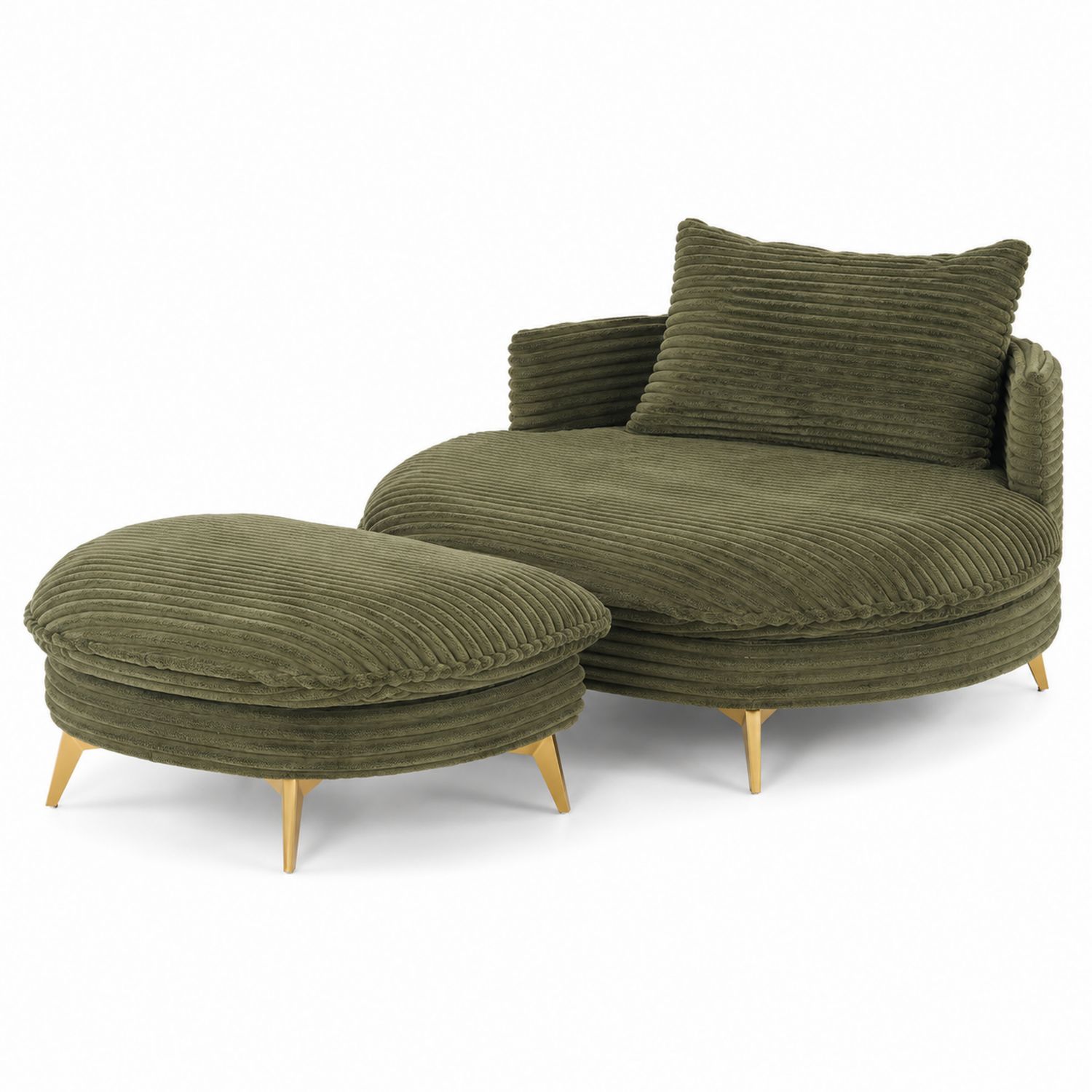 Canapé en bois et tissu côtelé vert avec repose-pieds et pieds en métal