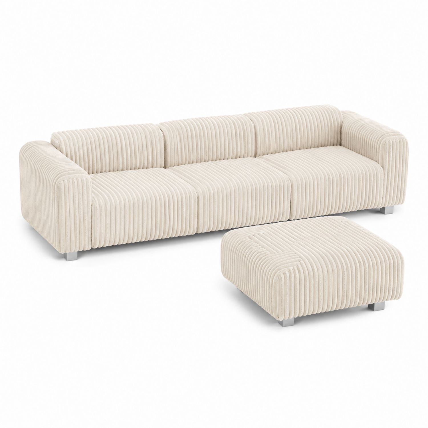 Canapé en tissu côtelé beige avec pouf