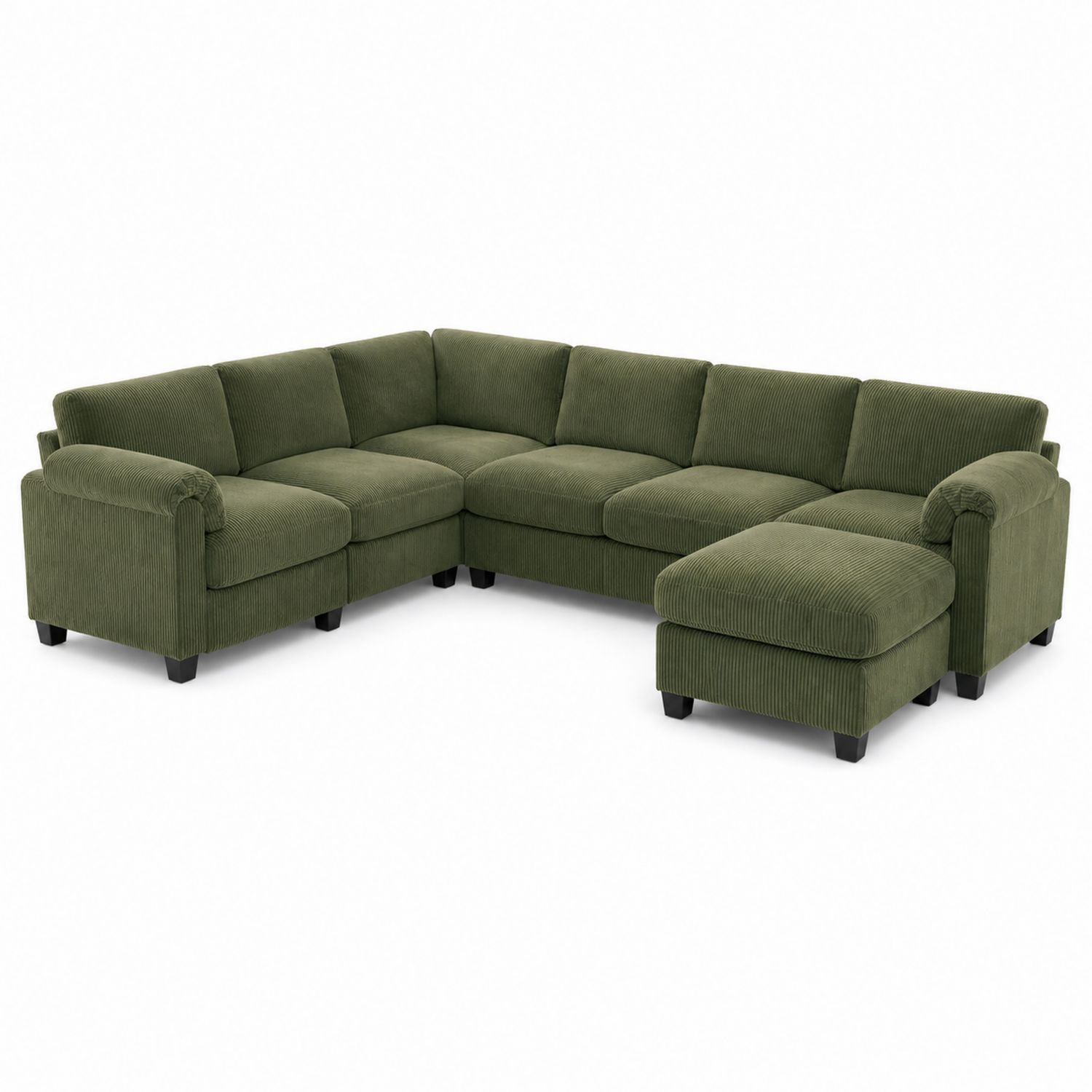 Canapé d'angle modulable en bois et tissu côtelé vert
