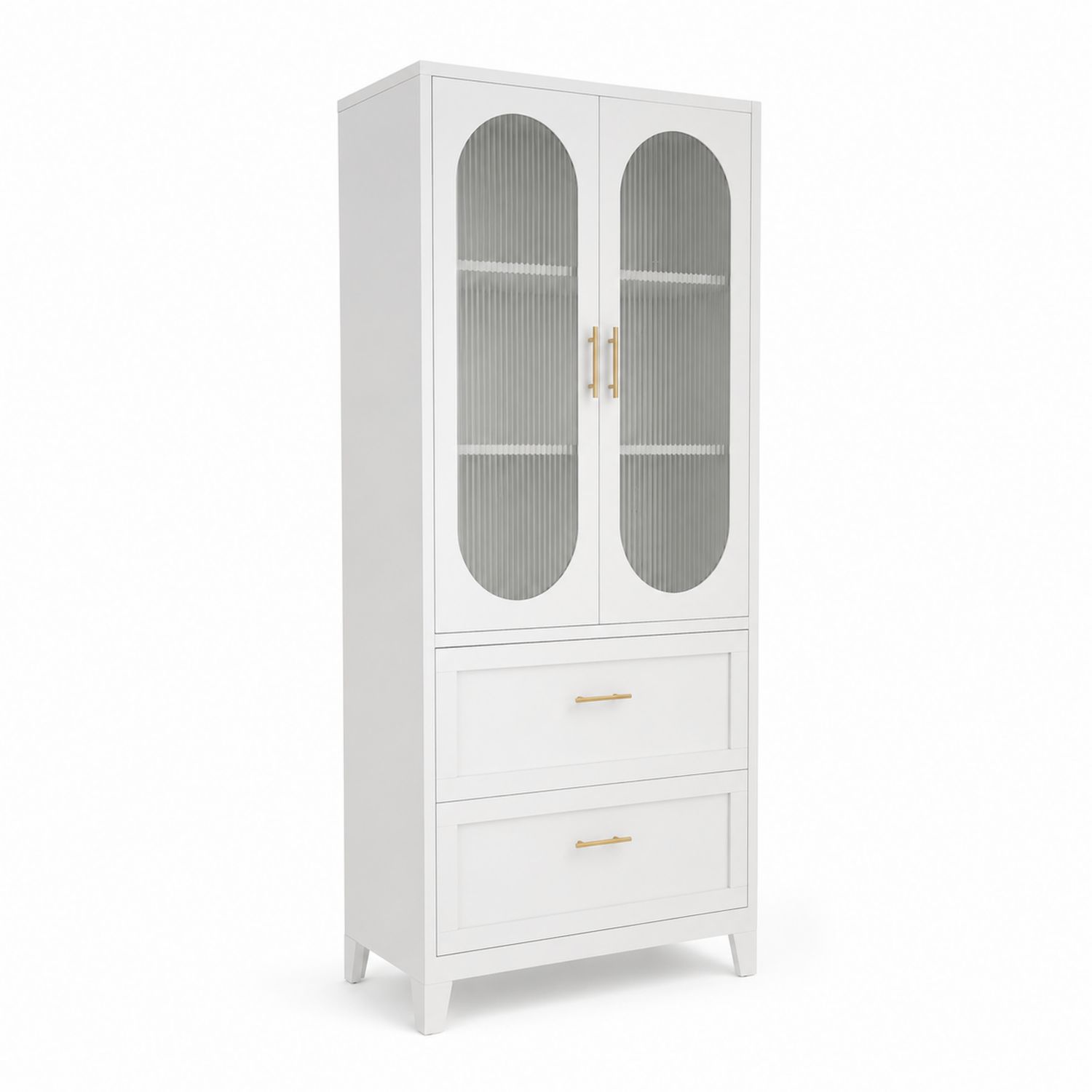 Buffet haut en bois avec portes en verre cannelé et métal Blanc