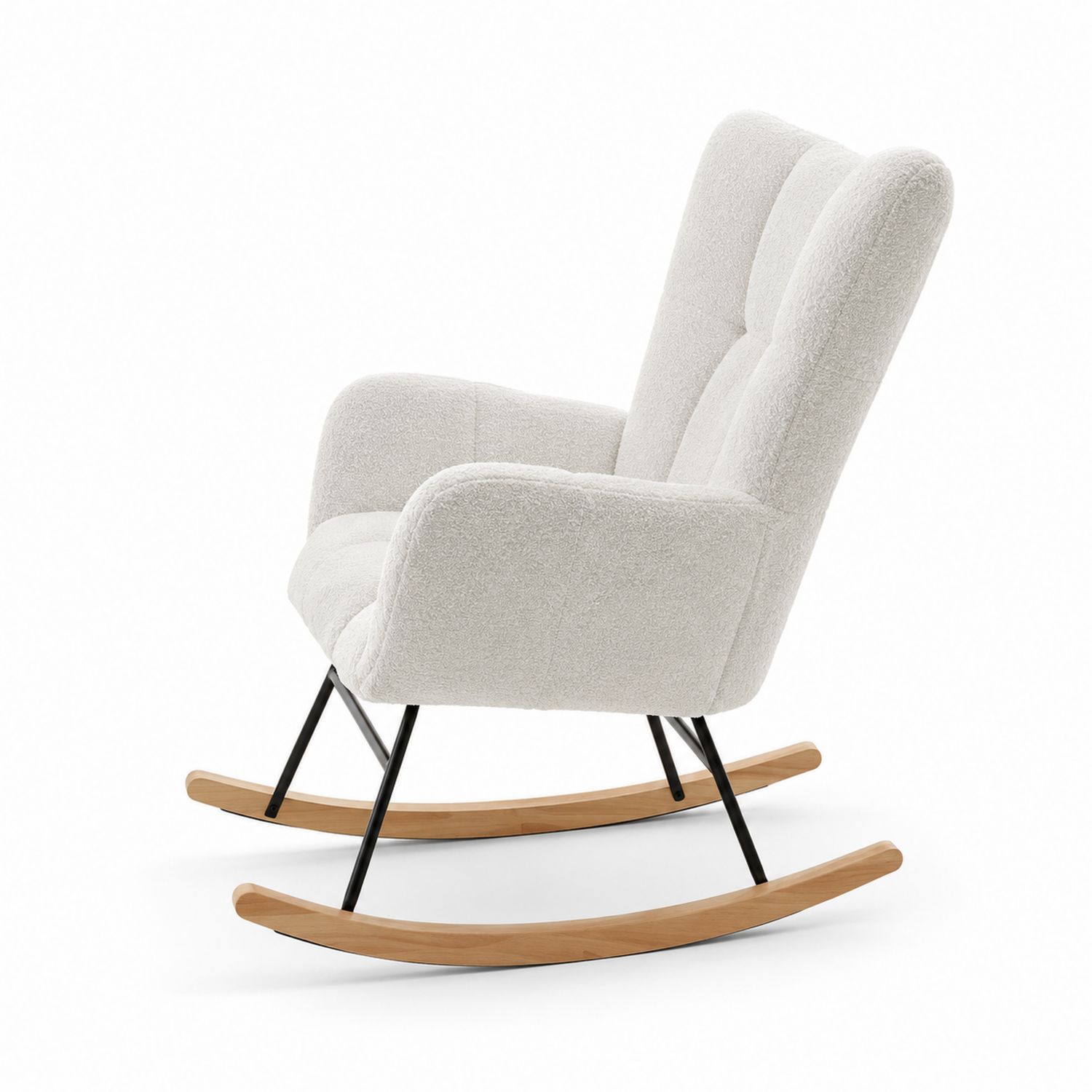 Chaise berçante en bouclette blanche avec pieds en bois et métal