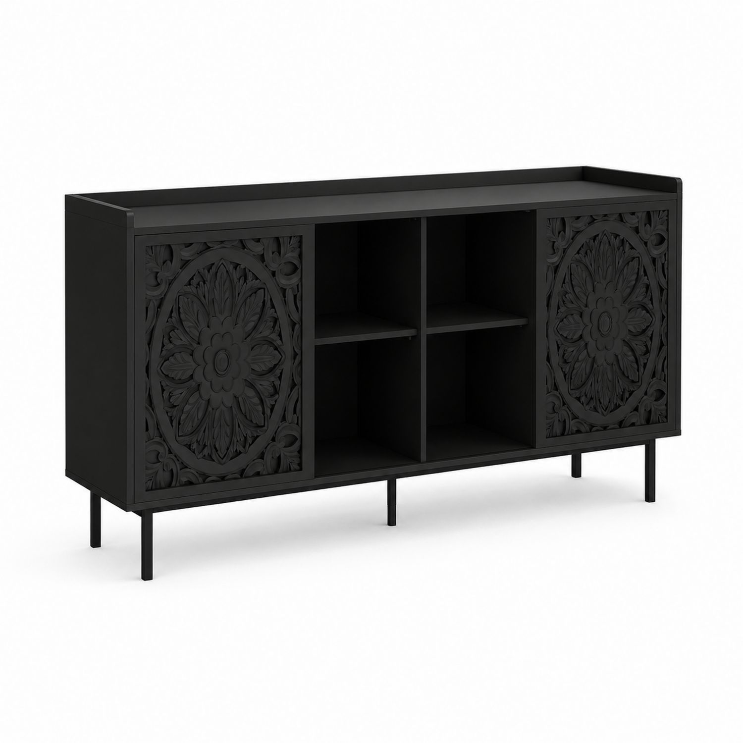 Buffet en bois noir avec portes sculptées 160x80x40 cm