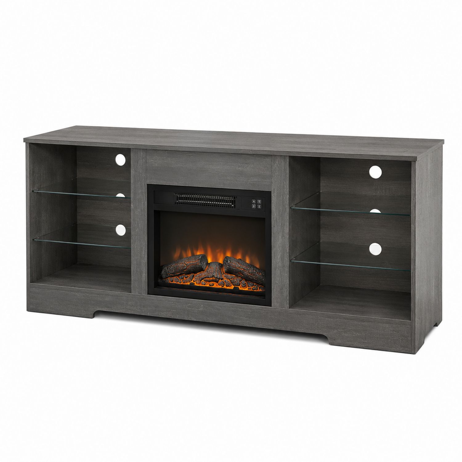 Meuble TV en bois avec cheminée électrique et étagères en verre