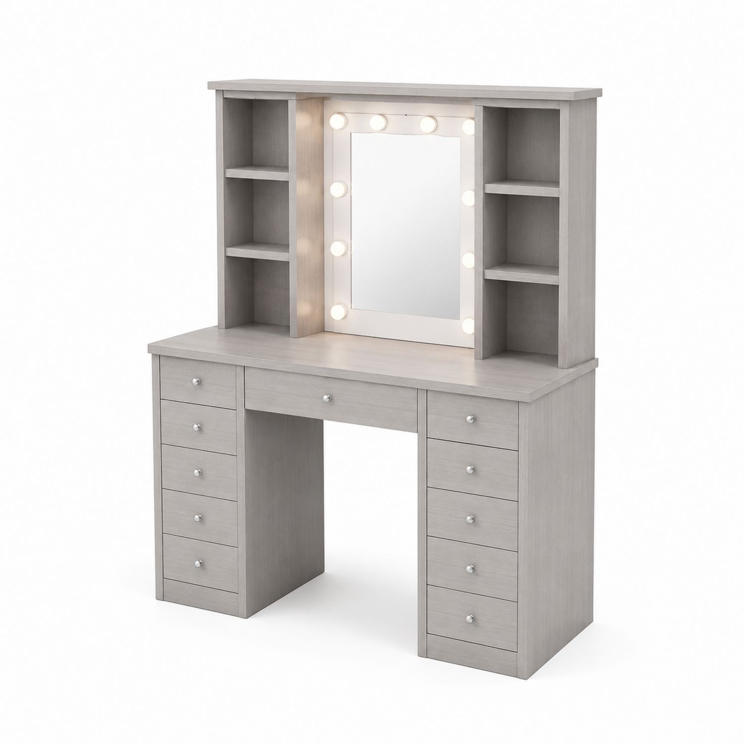 Coiffeuse en Bois Gris avec Miroir Éclairé et Étagères