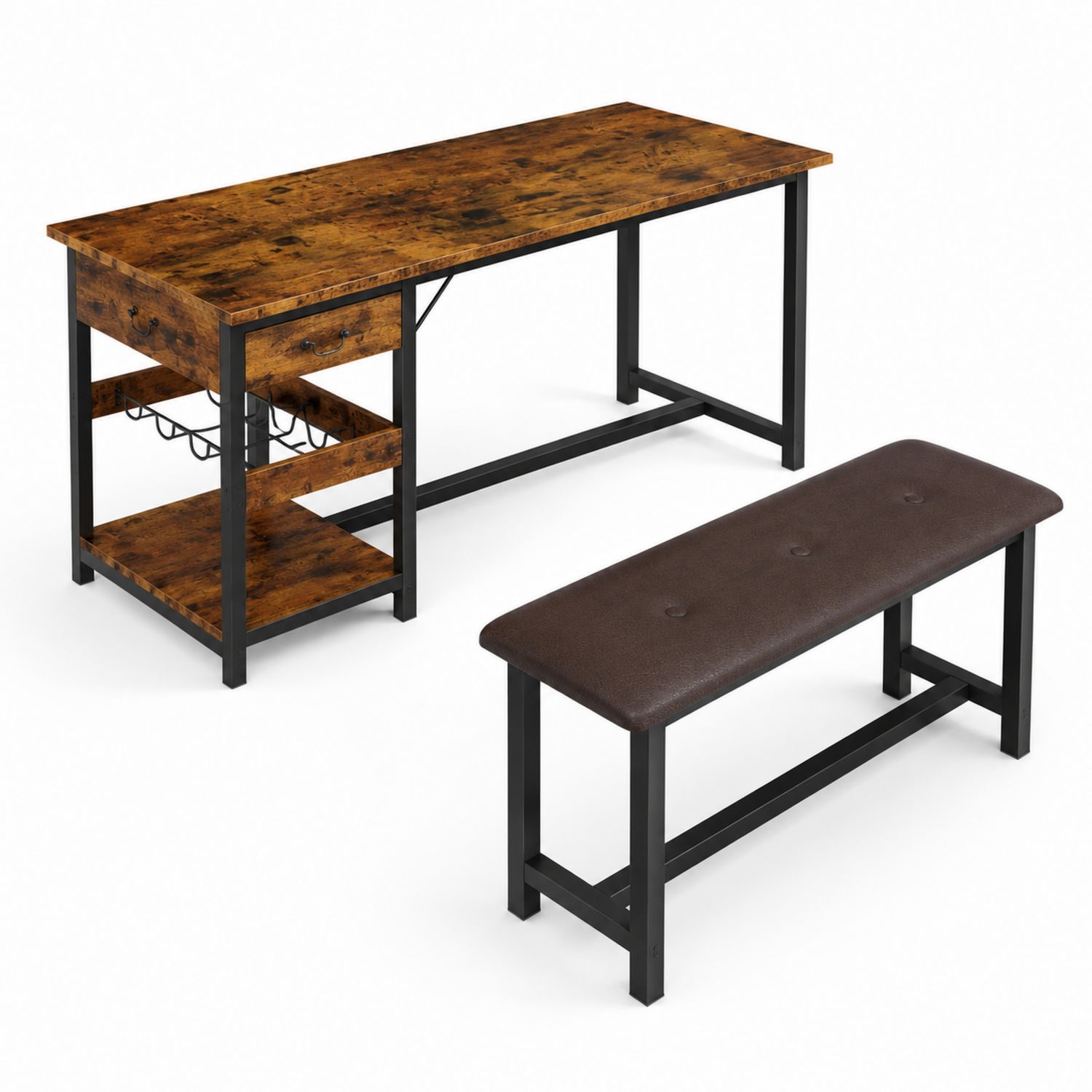 Table à manger en bois foncé et métal avec banc en cuir PU