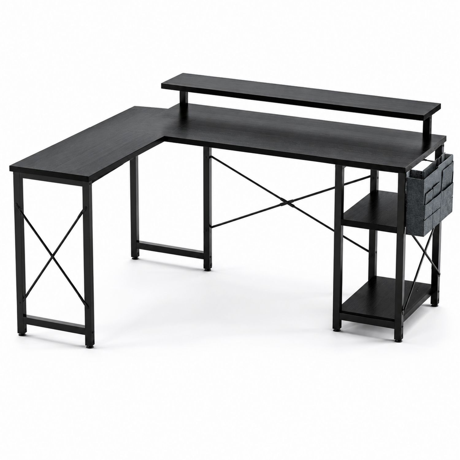 Bureau d'angle noir en bois et métal avec étagères
