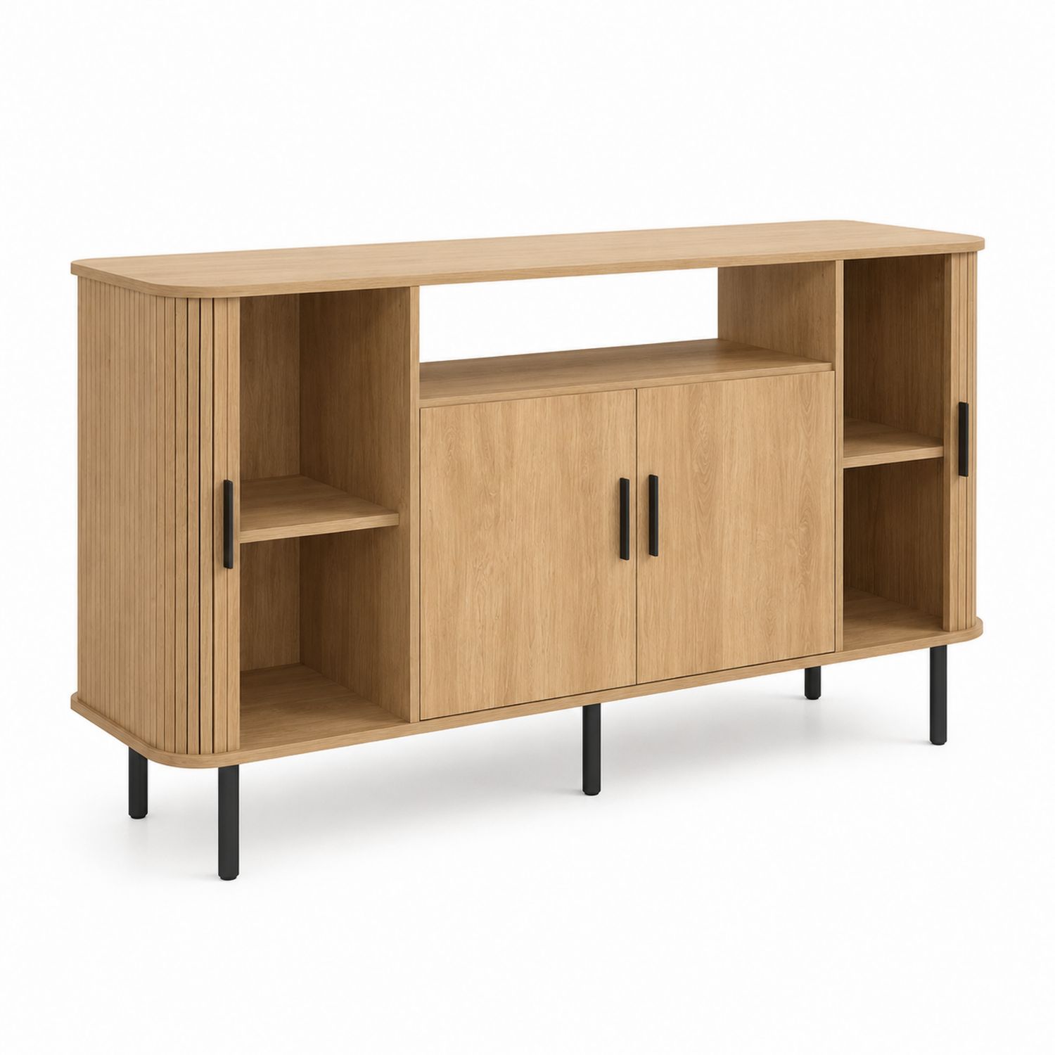 Buffet en bois avec étagères ouvertes et portes en chêne clair