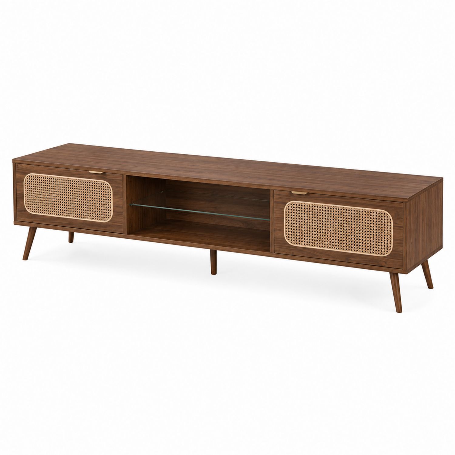 Meuble TV en bois et rotin avec étagère en verre 180 cm