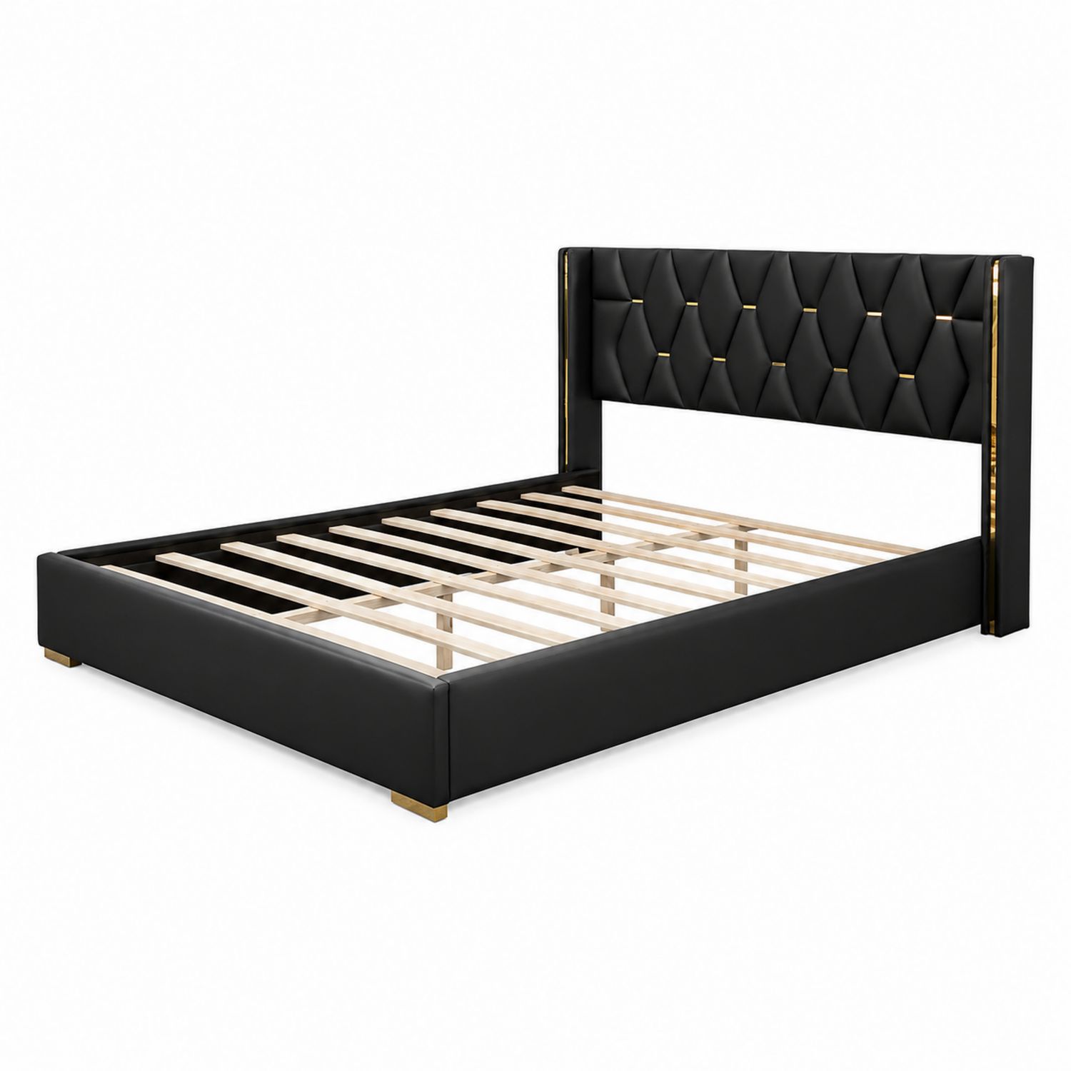 Lit en Bois et PU Noir avec Tête de Lit Capitonnée 160x200 cm