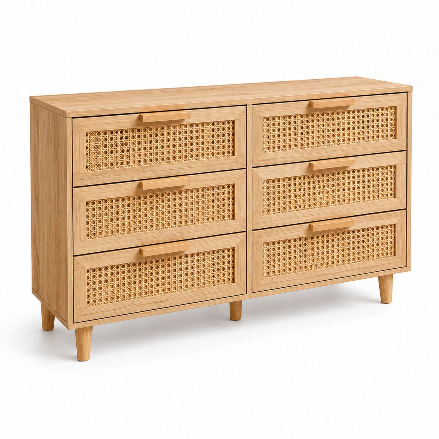 Commode en bois de chêne avec façades en cannage de rotin 6 tiroirs