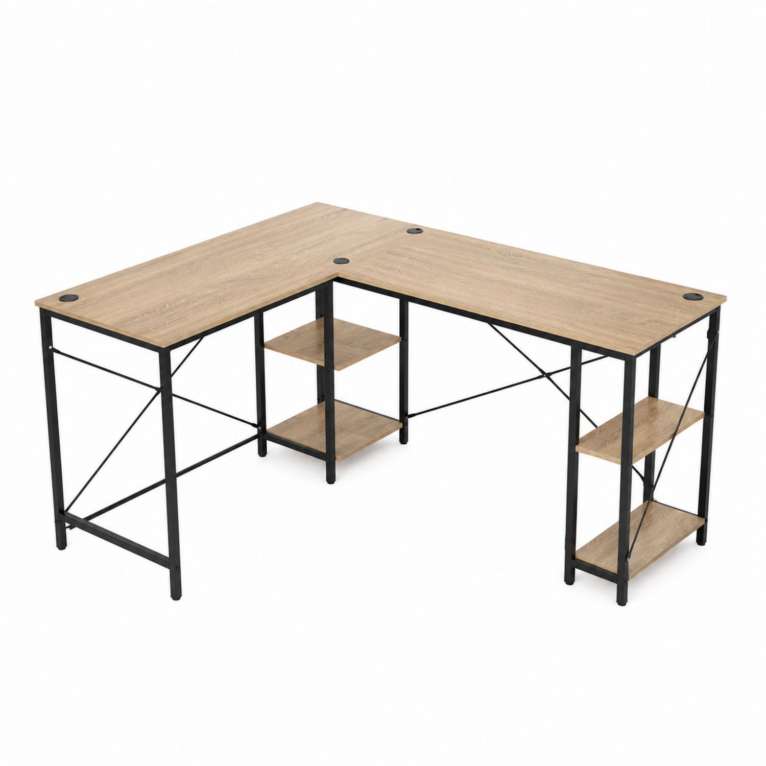 Bureau d'angle en L en bois et métal avec étagères Chêne clair/Noir