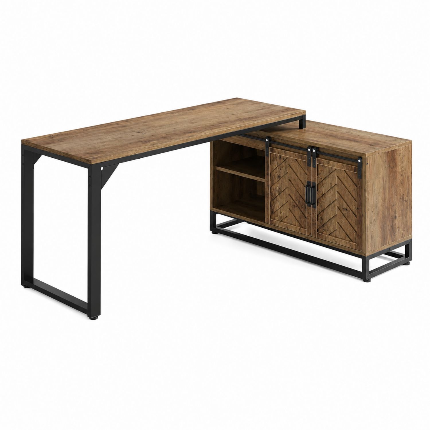 Bureau d'angle en bois et métal noir avec étagères 140x120x75 cm