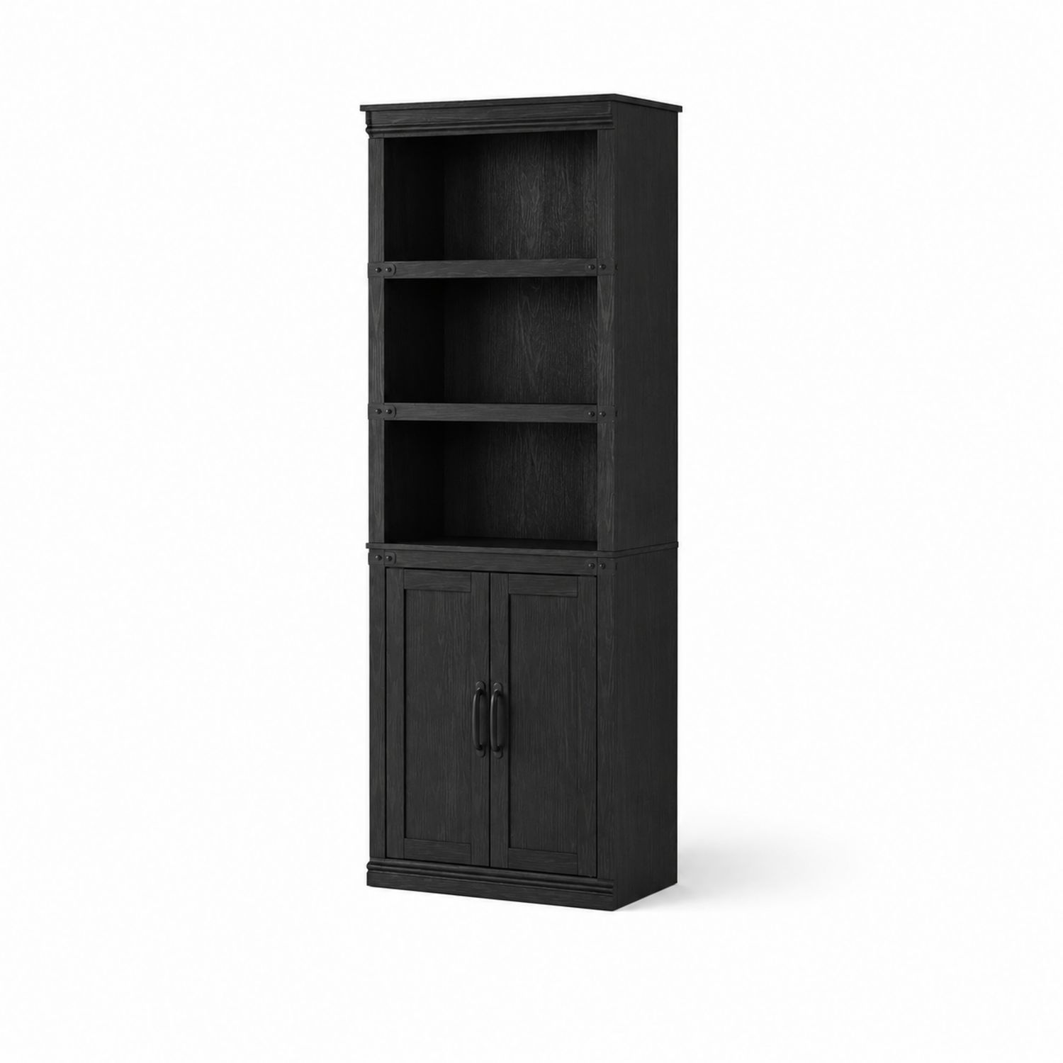 Bibliothèque en bois noir avec 4 étagères et portes