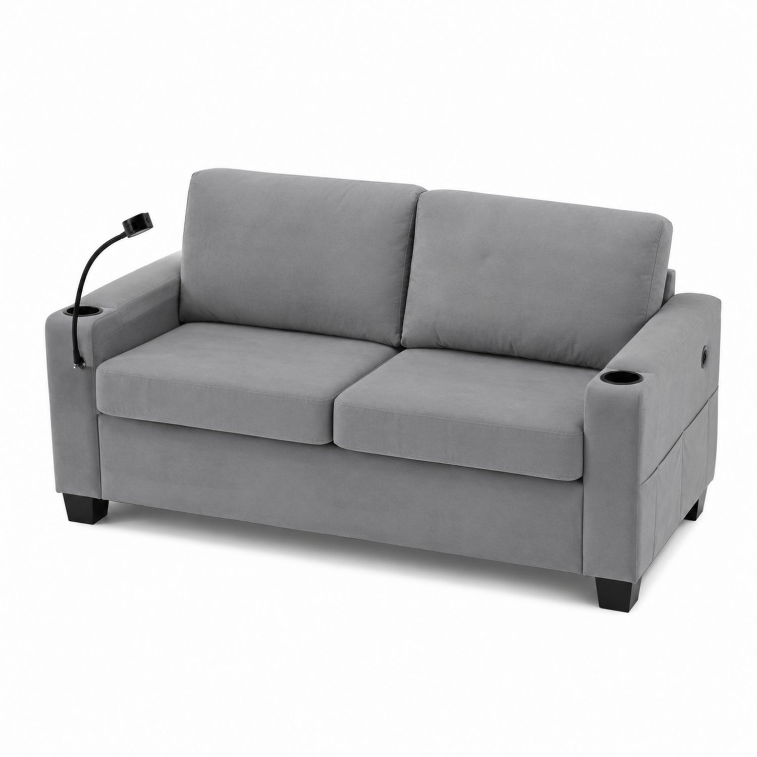 Canapé 2 places en tissu gris avec porte-gobelets et lampe LED