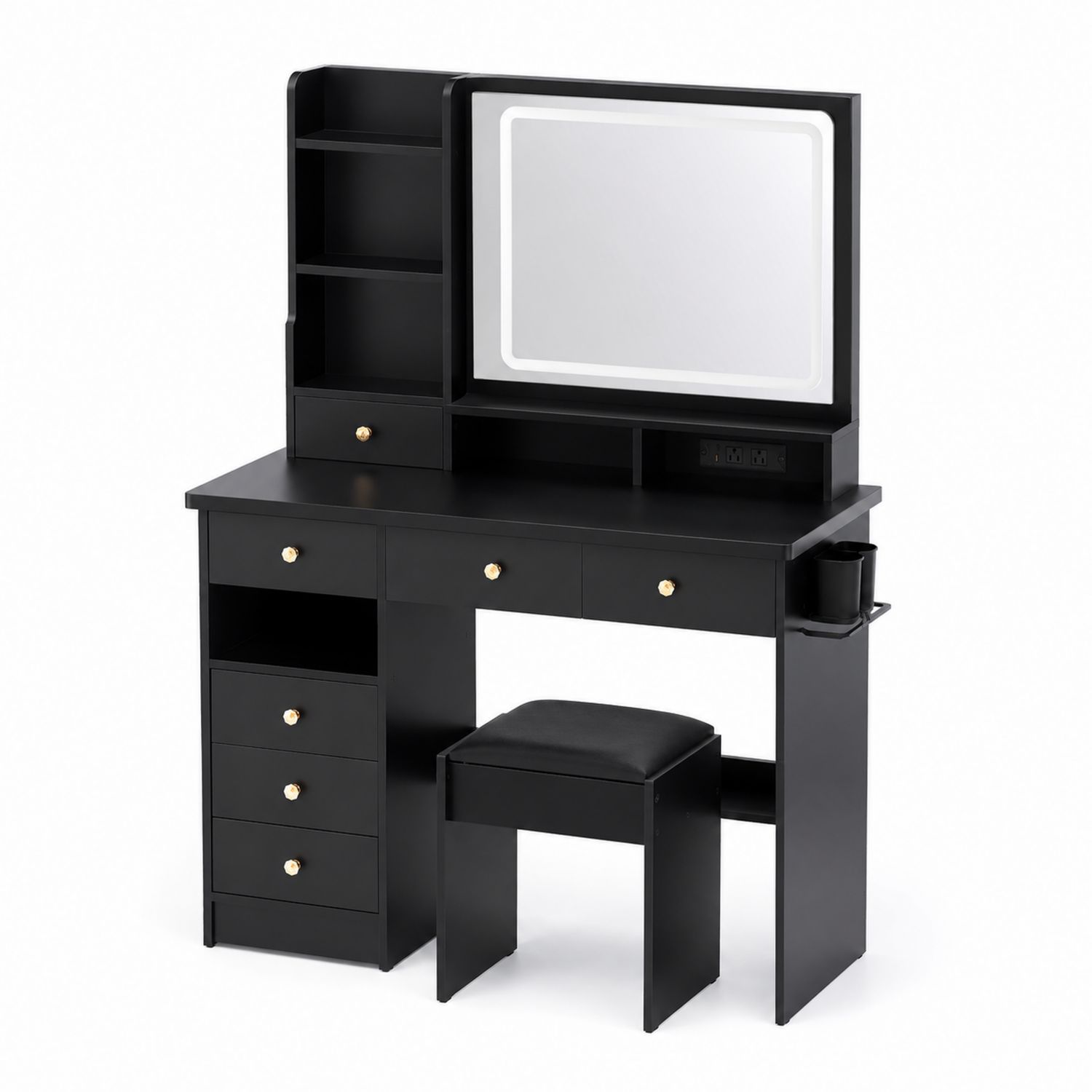 Coiffeuse en bois noire avec miroir LED et tabouret
