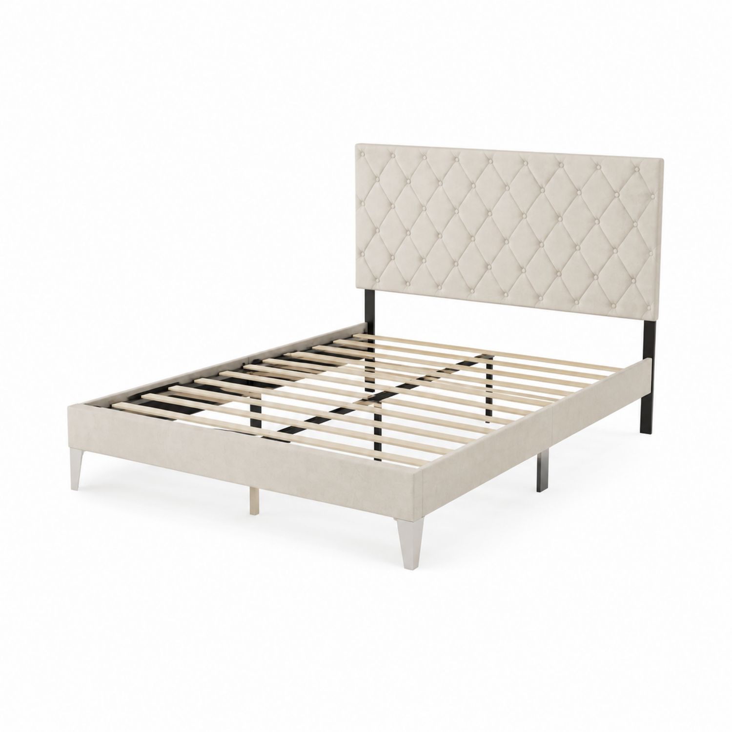 Lit double en velours beige avec tête de lit 160x200 cm