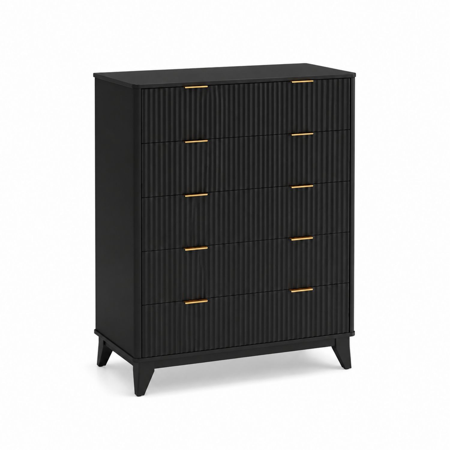 Commode haute 5 tiroirs en bois noir avec poignées en métal doré