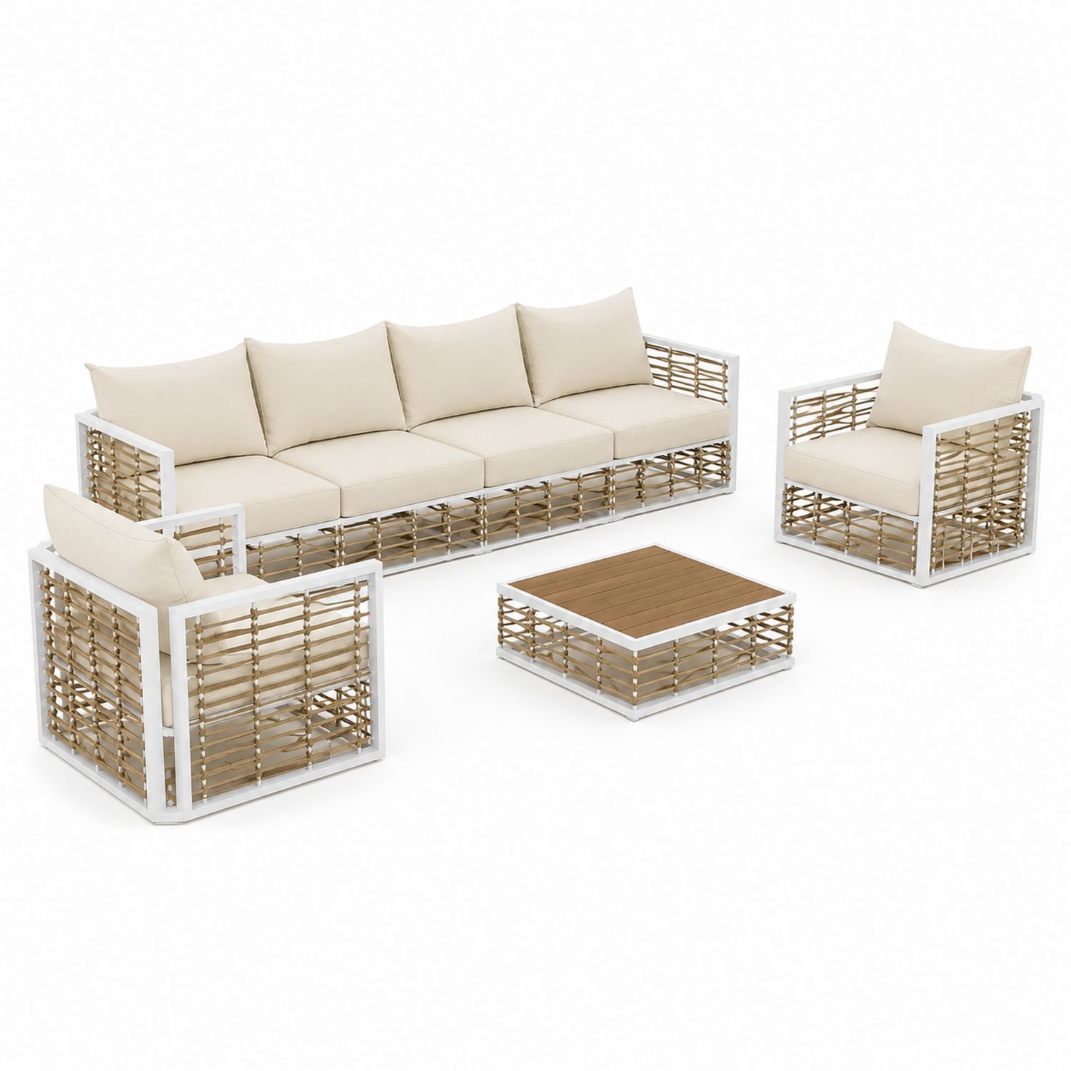 Ensemble de salon extérieur en aluminium et résine avec coussins en polyester Beige