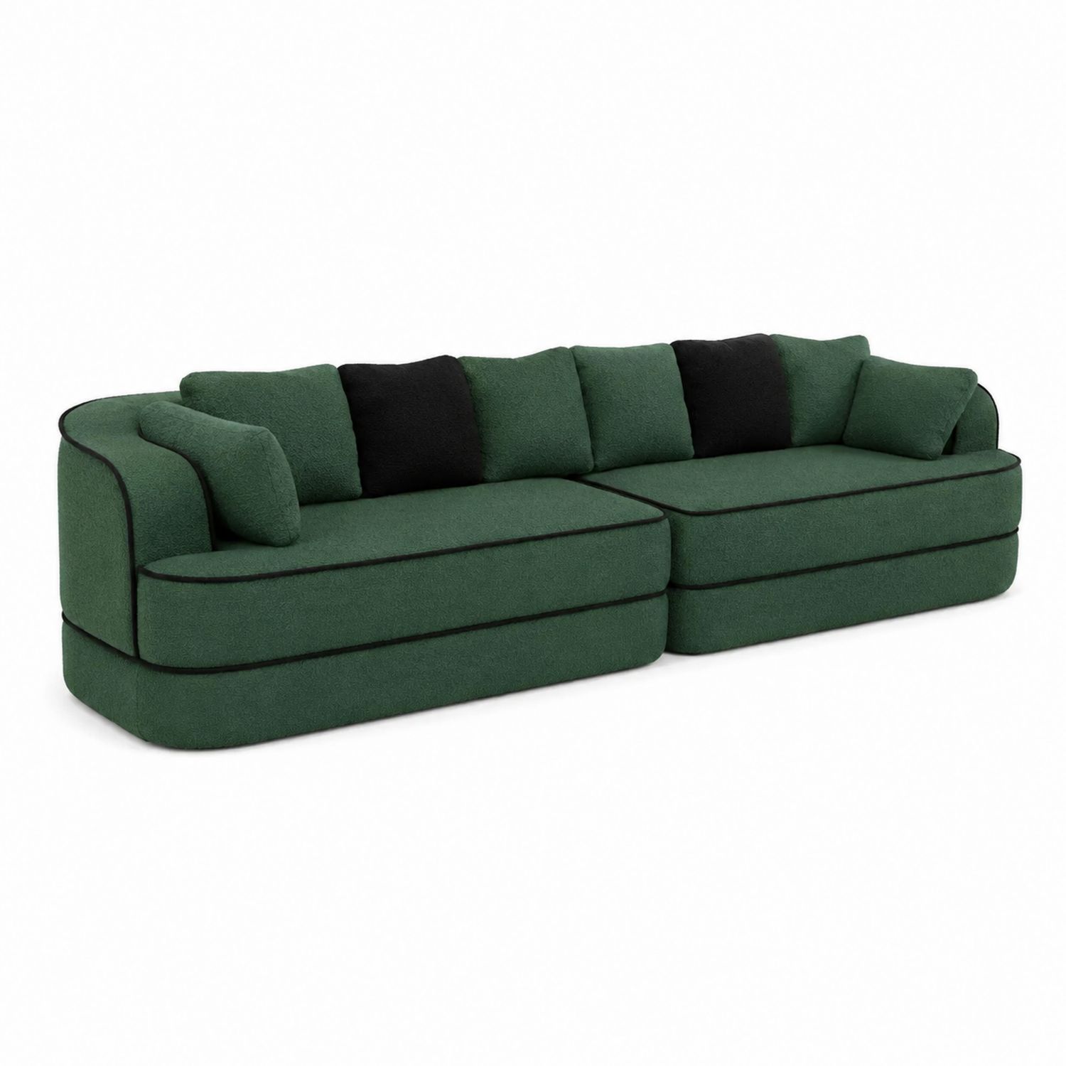 Canapé d'angle en tissu bouclette vert/noir avec coussins