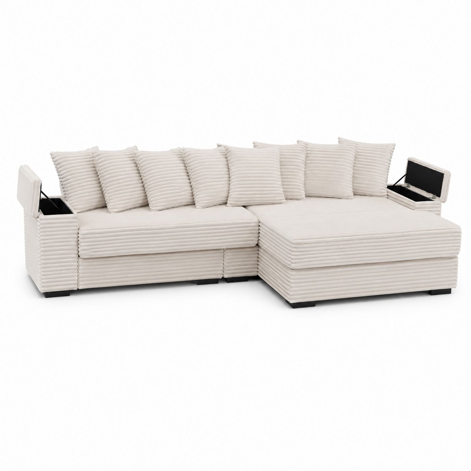 Canapé d'angle en velours beige avec rangements intégrés