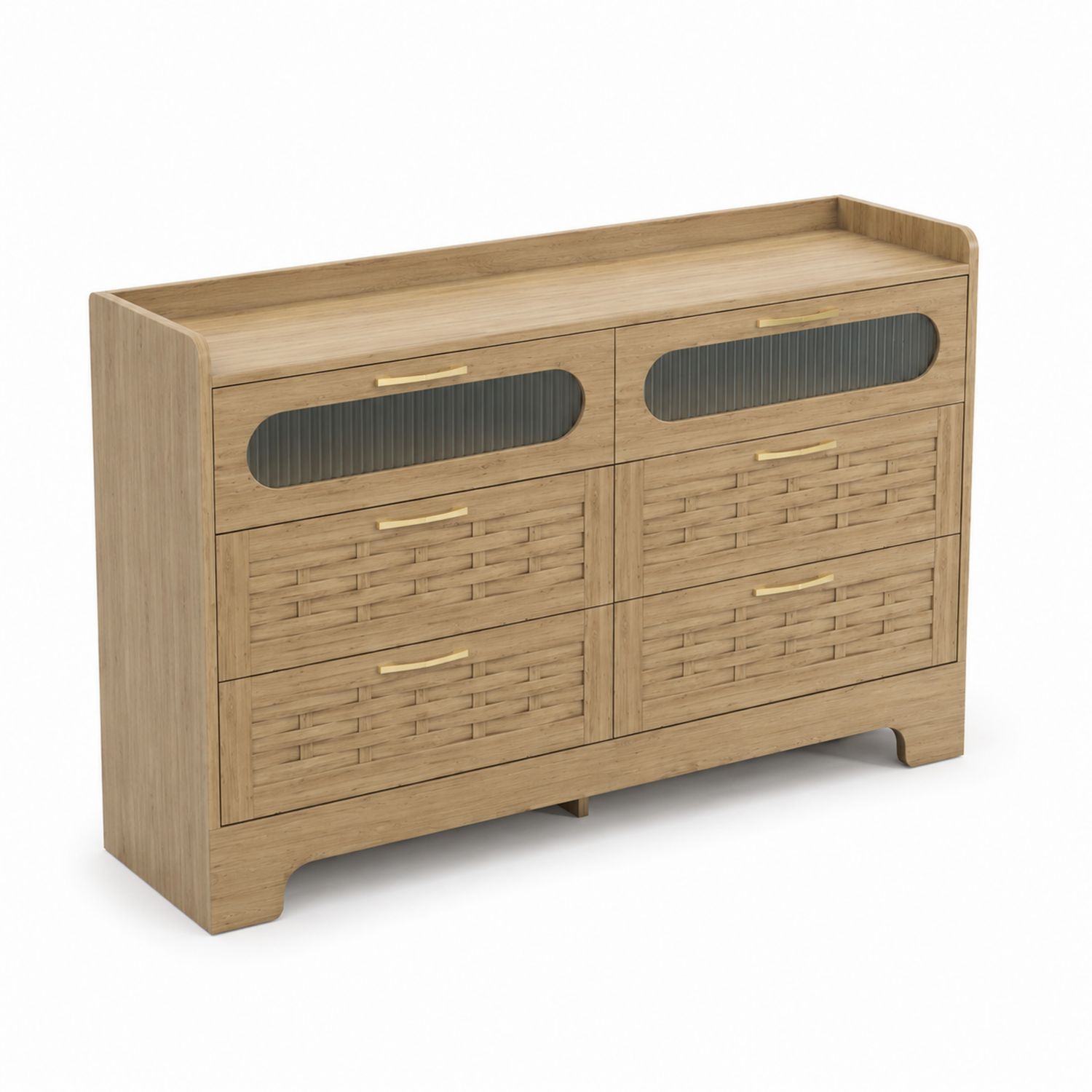 Commode en bois avec tiroirs en rotin et verre cannelé
