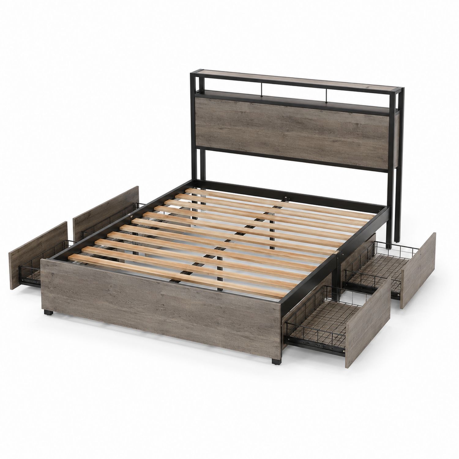 Lit plateforme en métal et panneaux de bois avec tiroirs 140x200 cm Gris
