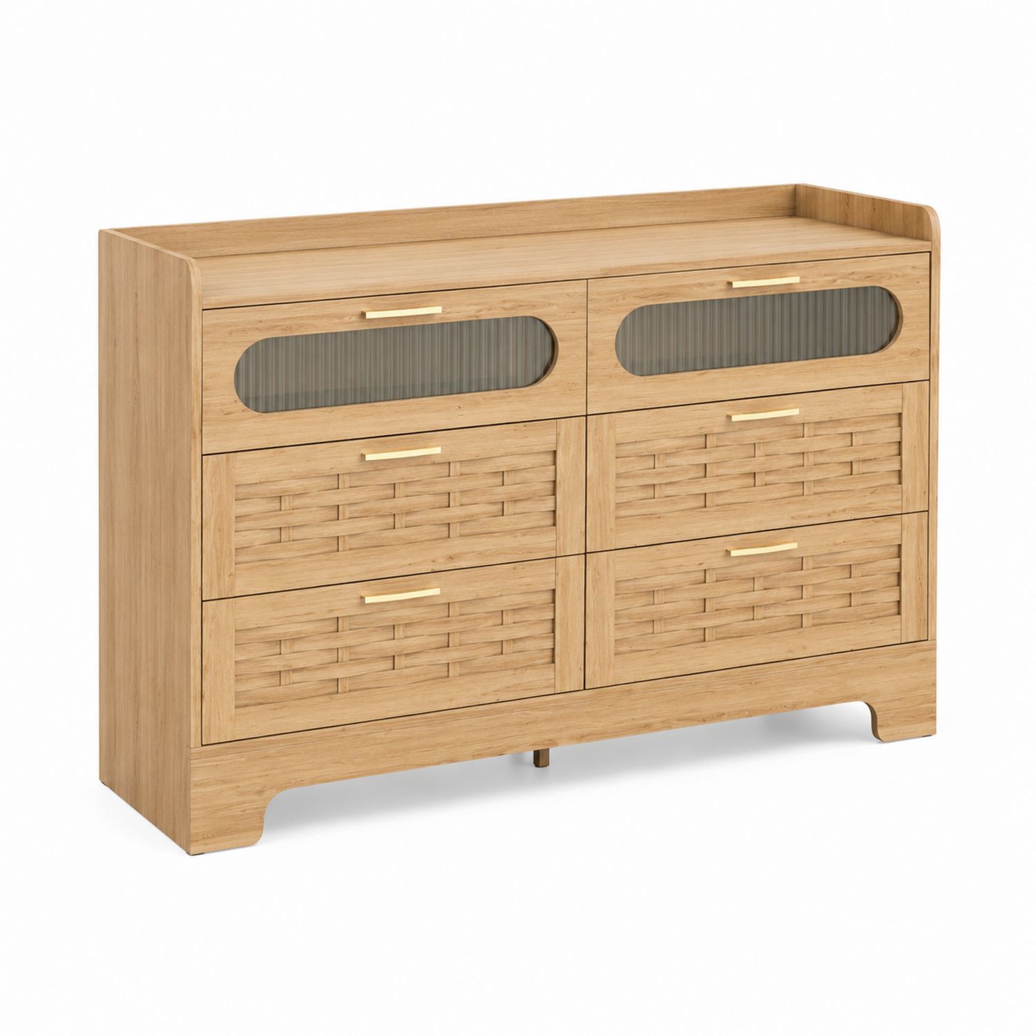 Commode bois 6 tiroirs avec façades tressées et vitrées 120x40x90 cm