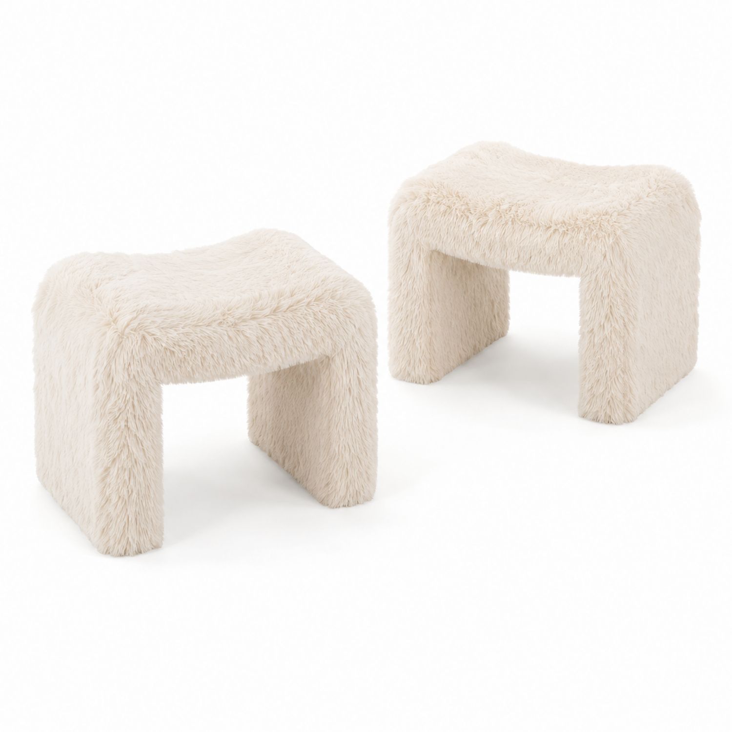 Lot de 2 tabourets en tissu imitation fourrure Beige 45x30x40 cm