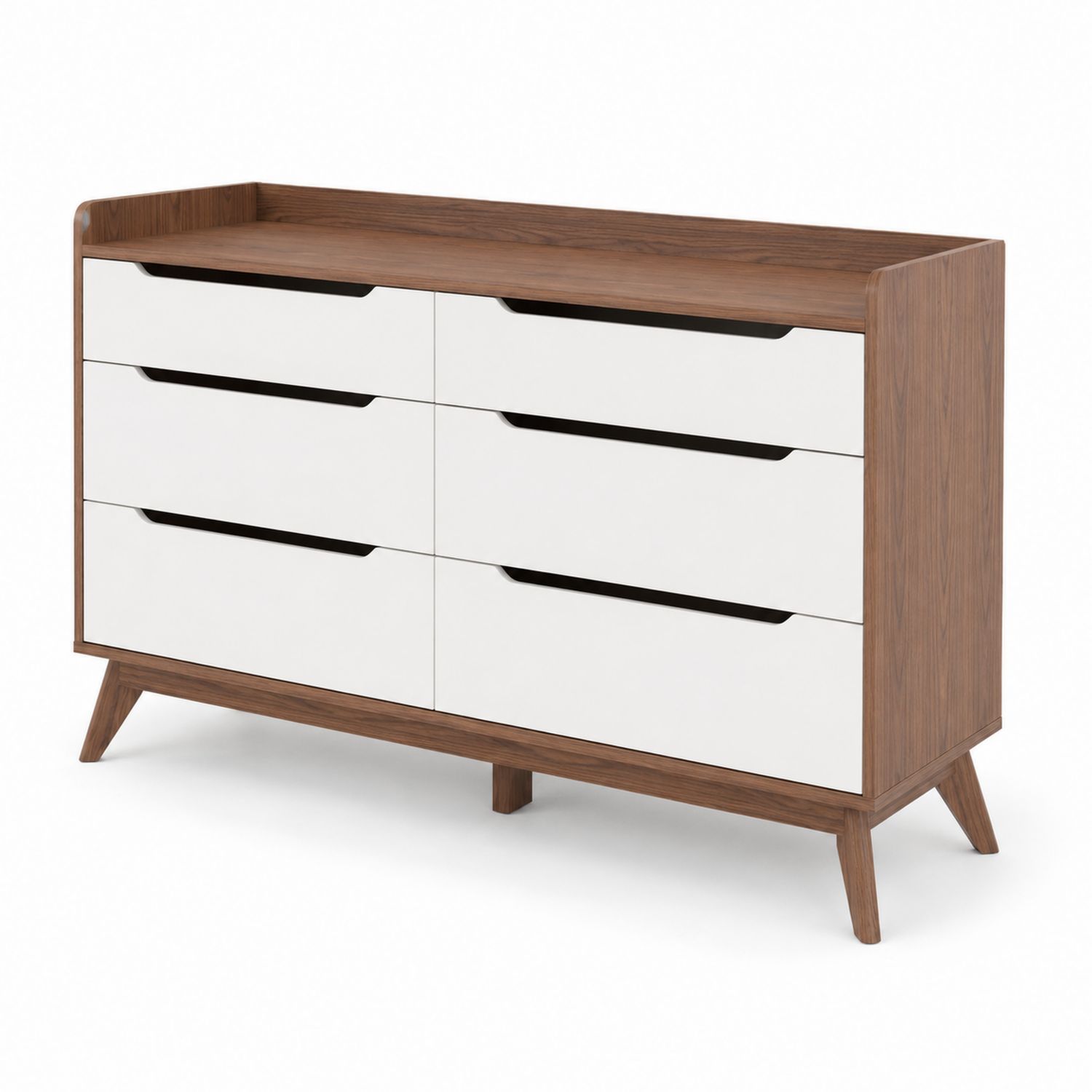 Commode 6 tiroirs en bois blanc et noyer