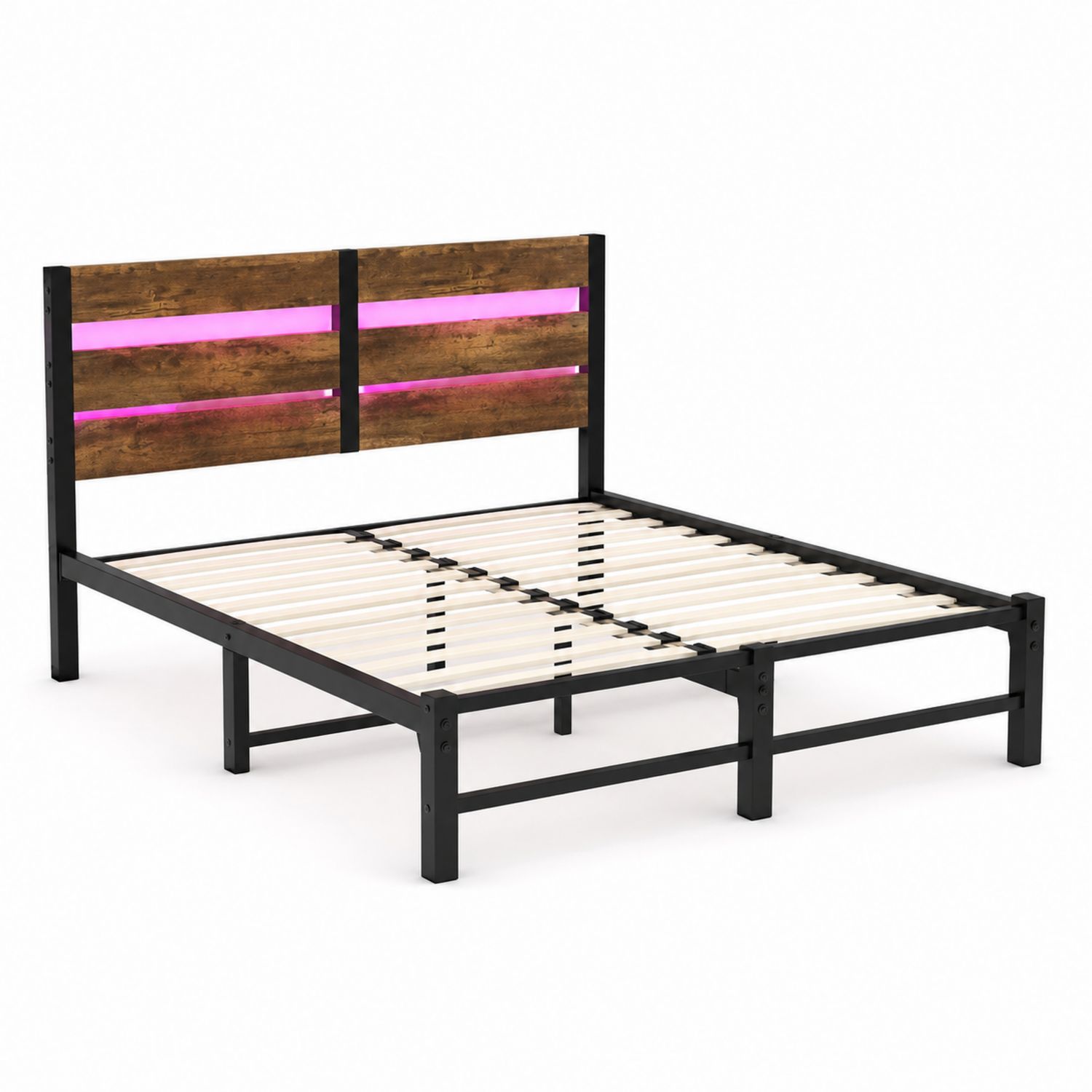 Lit plateforme en métal et bois foncé avec éclairage LED 200x140 cm