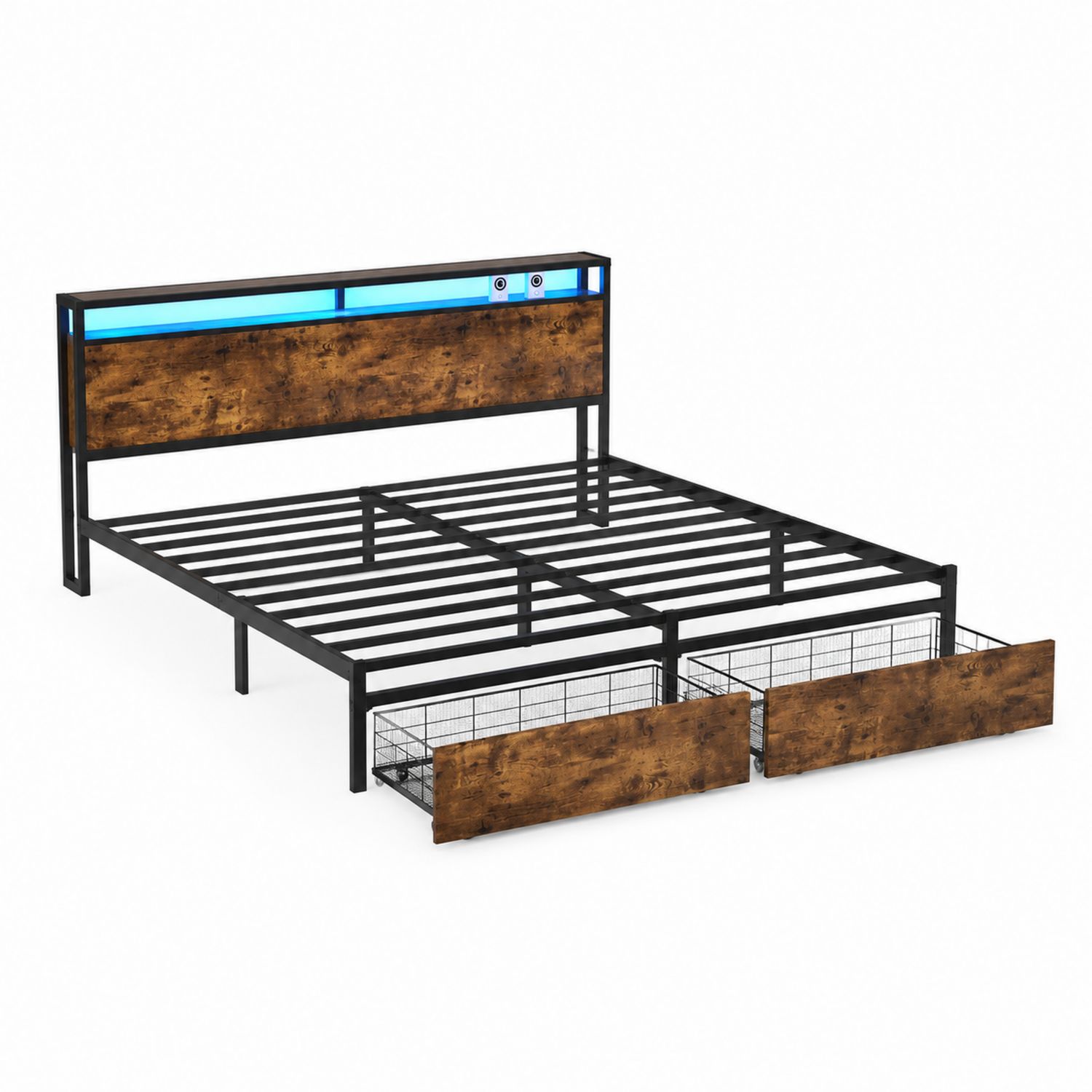 Lit double en métal et bois avec éclairage LED et rangement 140x200 cm