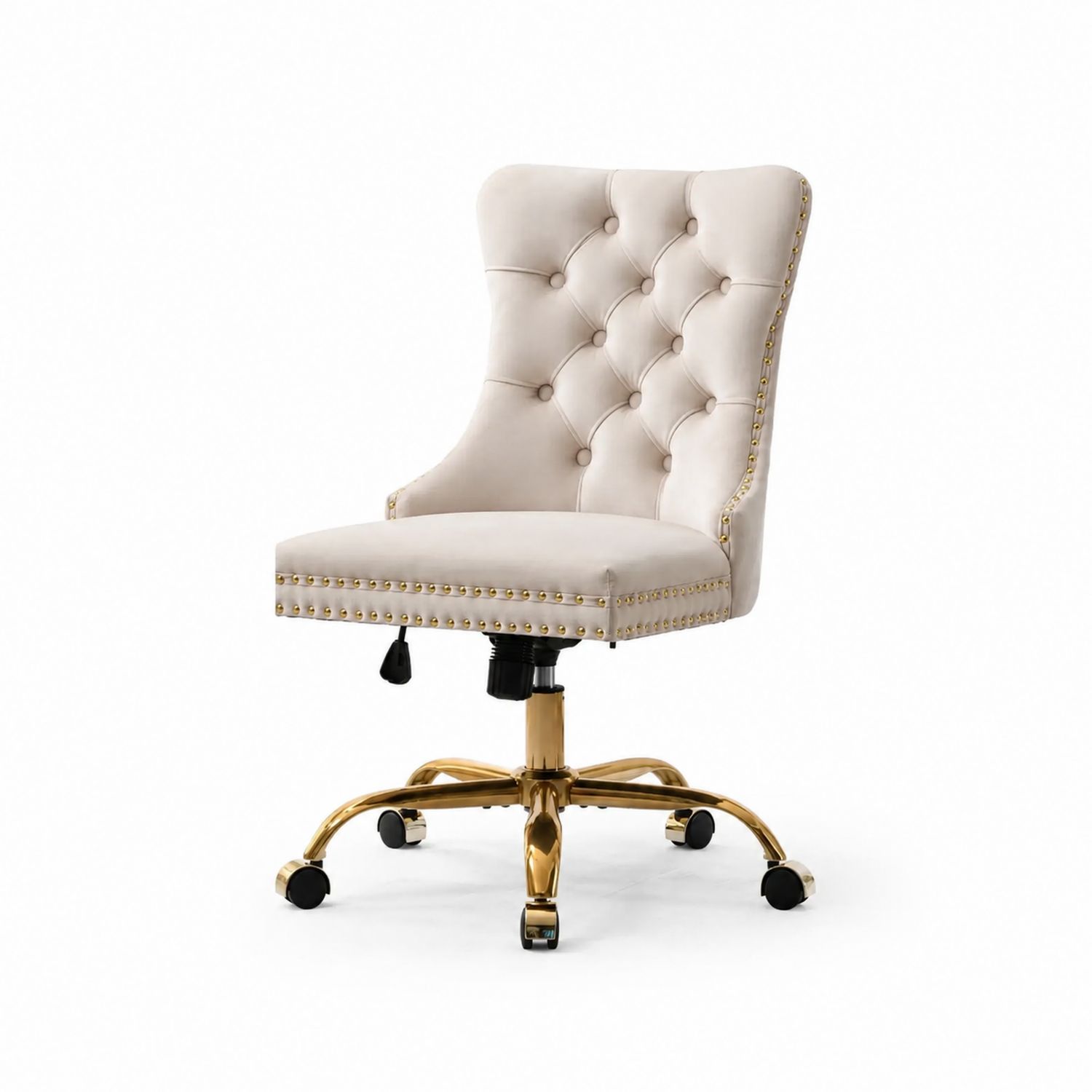 Chaise de bureau en velours polyester beige et métal doré
