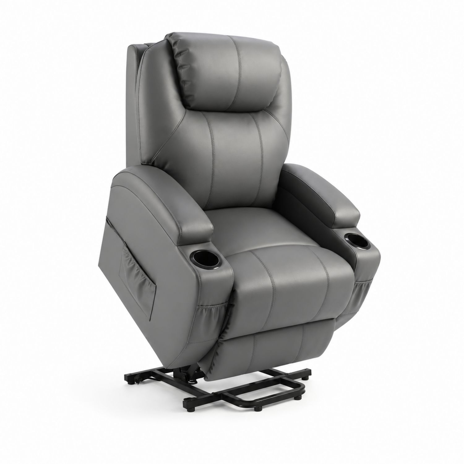 Fauteuil releveur en similicuir gris avec porte-gobelets