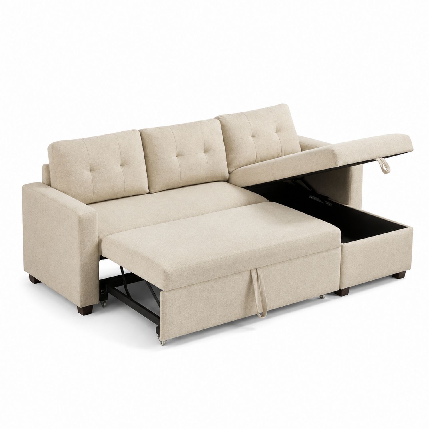 Canapé d'angle convertible en tissu avec rangement Beige