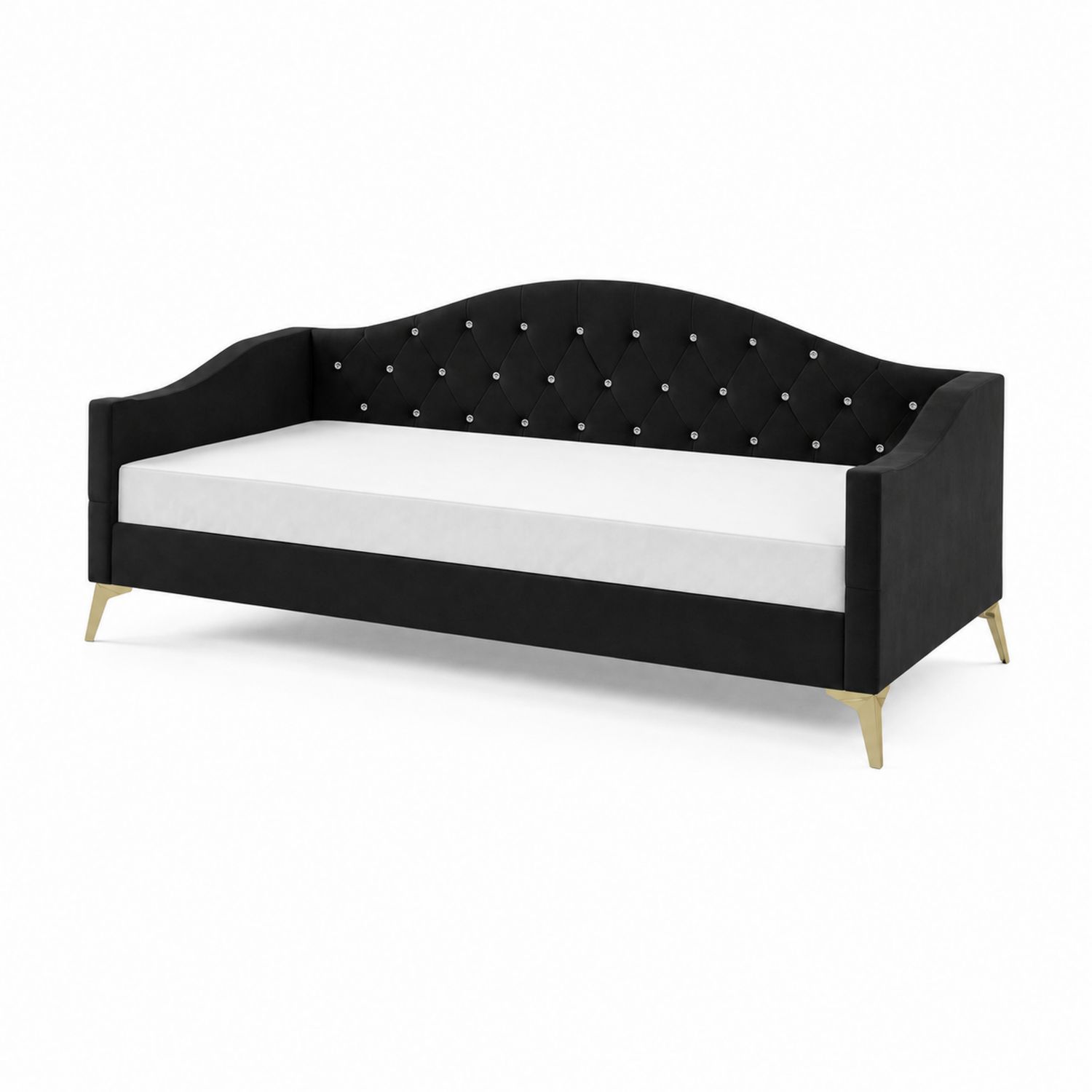 Lit banquette en velours noir avec pieds en métal doré