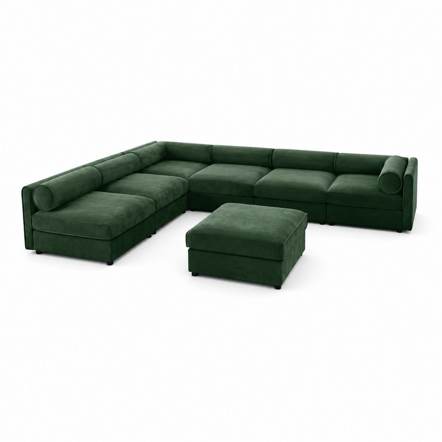 Canapé d'angle modulable en velours vert avec pouf