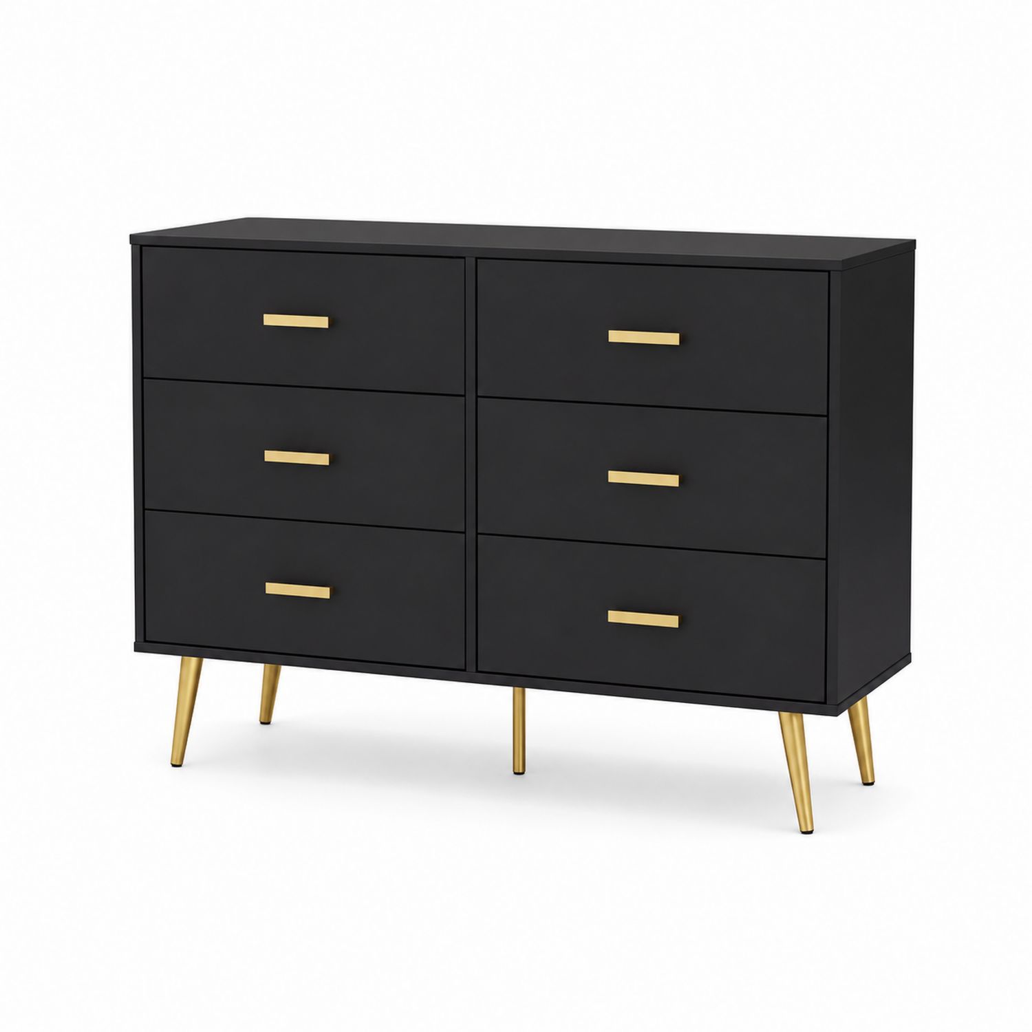 Commode 6 tiroirs Noir avec pieds Métalliques Dorés